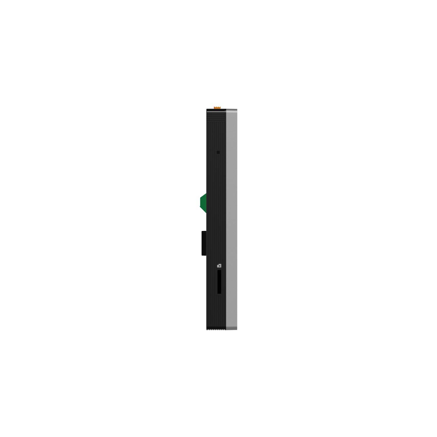 Un appareil rectangulaire noir et gris avec un bouton vert, un lecteur de carte et un petit composant orange en haut, sur fond blanc.
