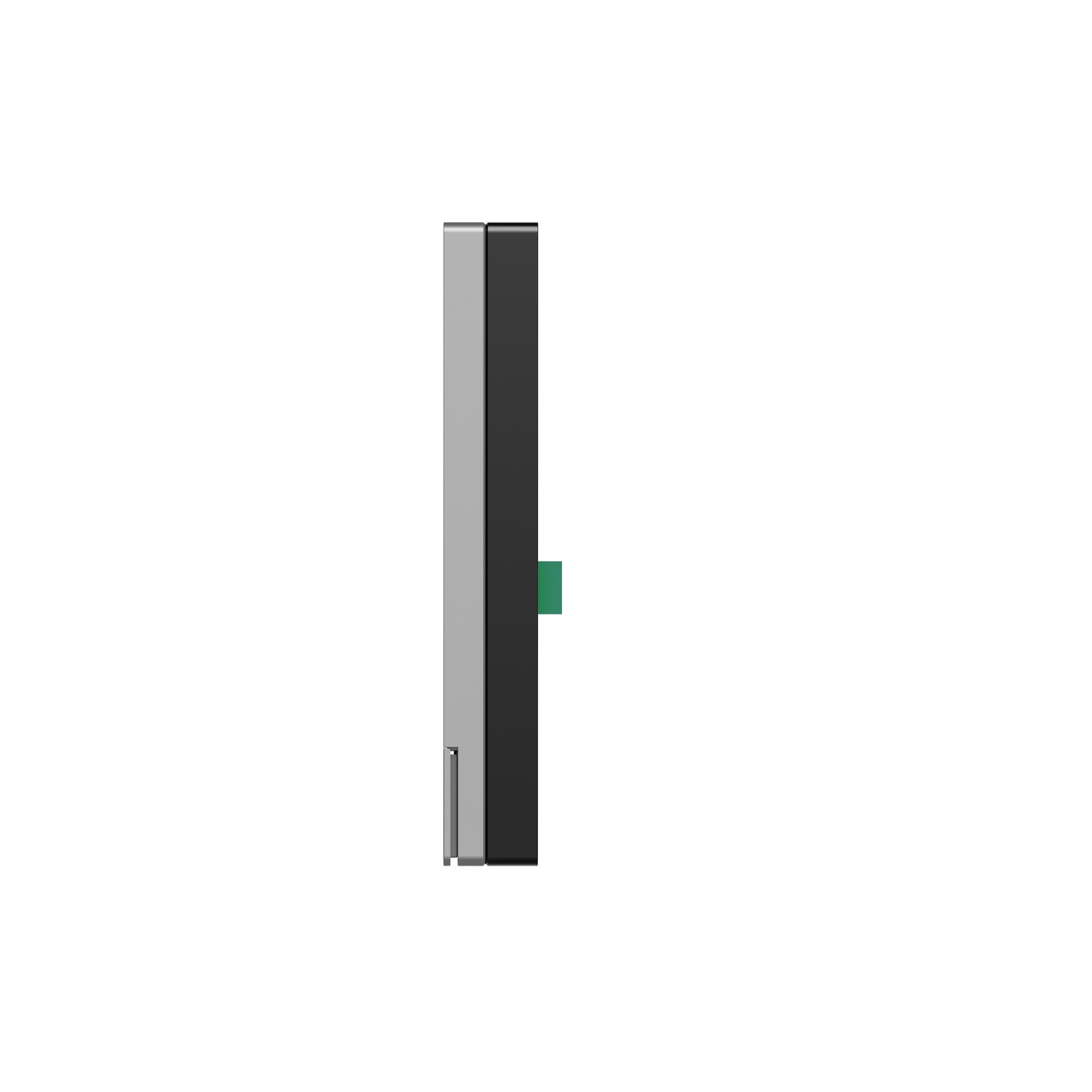 Un appareil vertical avec un côté gris et noir, un bouton vert et un fond blanc.