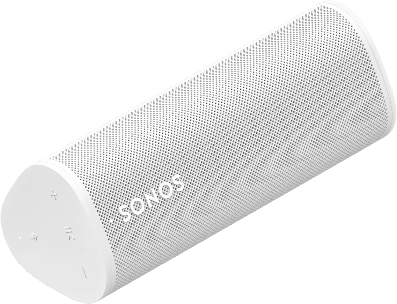 Un haut-parleur Sonos blanc sur fond blanc, vue en angle.
