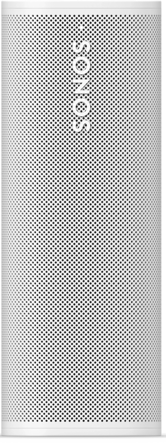 Un haut-parleur Sonos, blanc et grand. Il est cylindrique avec de petits trous sur la surface, 'SONOS' est écrit dessus.