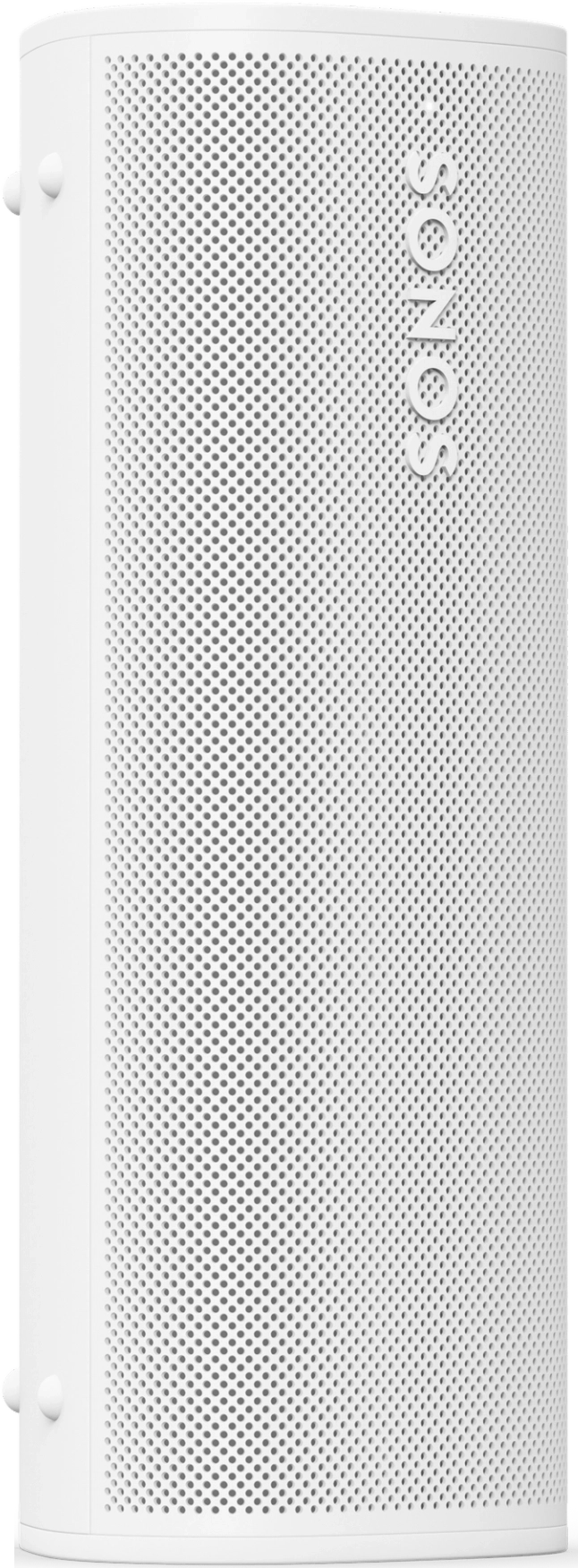 Enceinte Sonos blanche. L'enceinte est haute et cylindrique avec une surface perforée. Le fond est blanc.