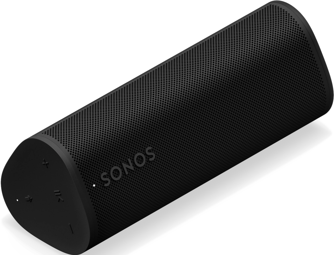 Enceinte Sonos noire sur fond noir. L'enceinte est cylindrique.