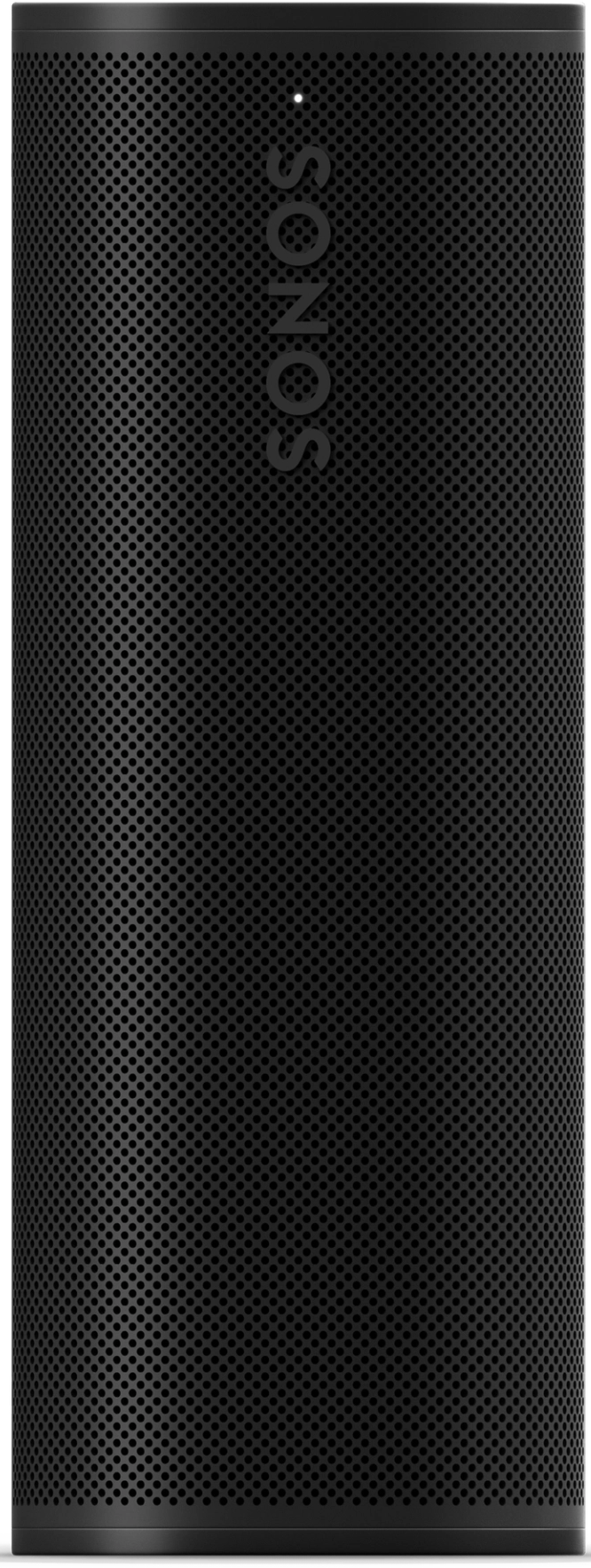 Un grand haut-parleur Sonos noir avec de petits trous à la surface, avec le logo Sonos.