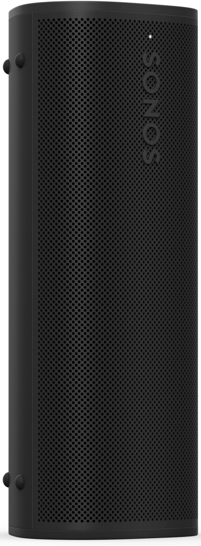 Un haut-parleur Sonos noir de forme cylindrique et le logo Sonos sur le dessus.