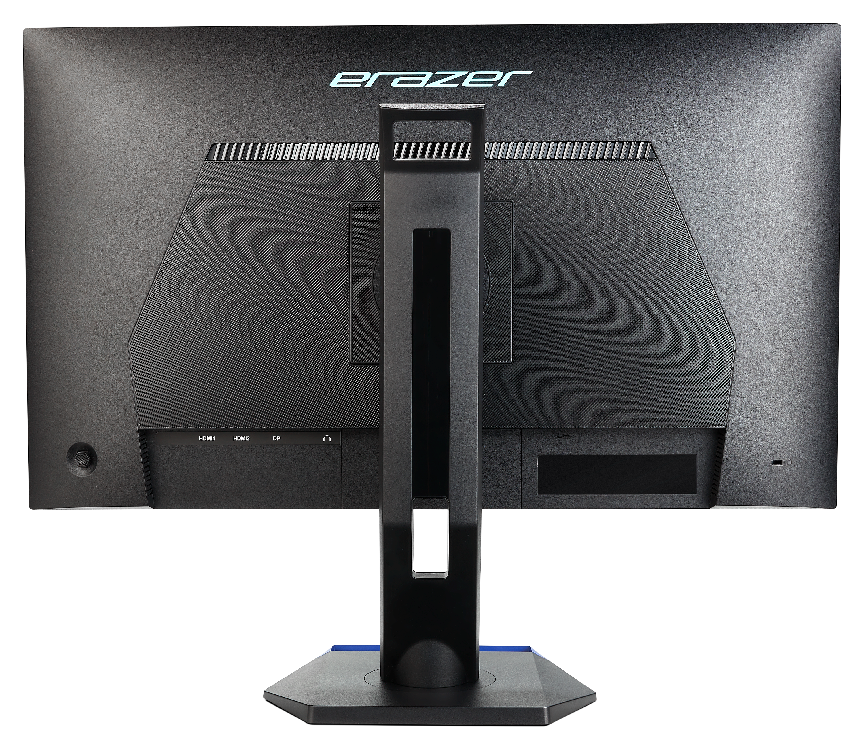Vista posteriore di un monitor nero con supporto.