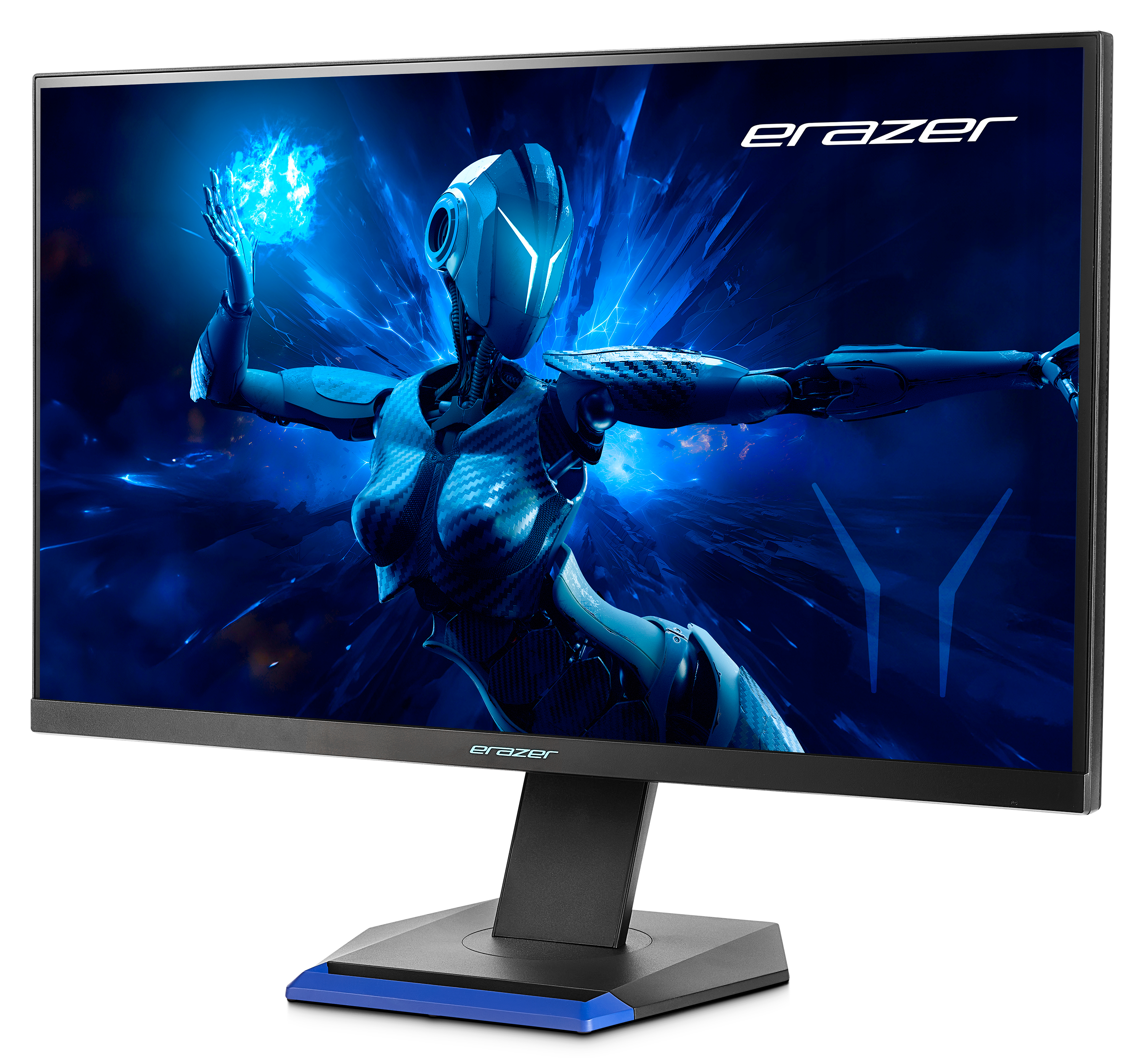 Monitor da gioco nero e blu con un personaggio futuristico sullo schermo.