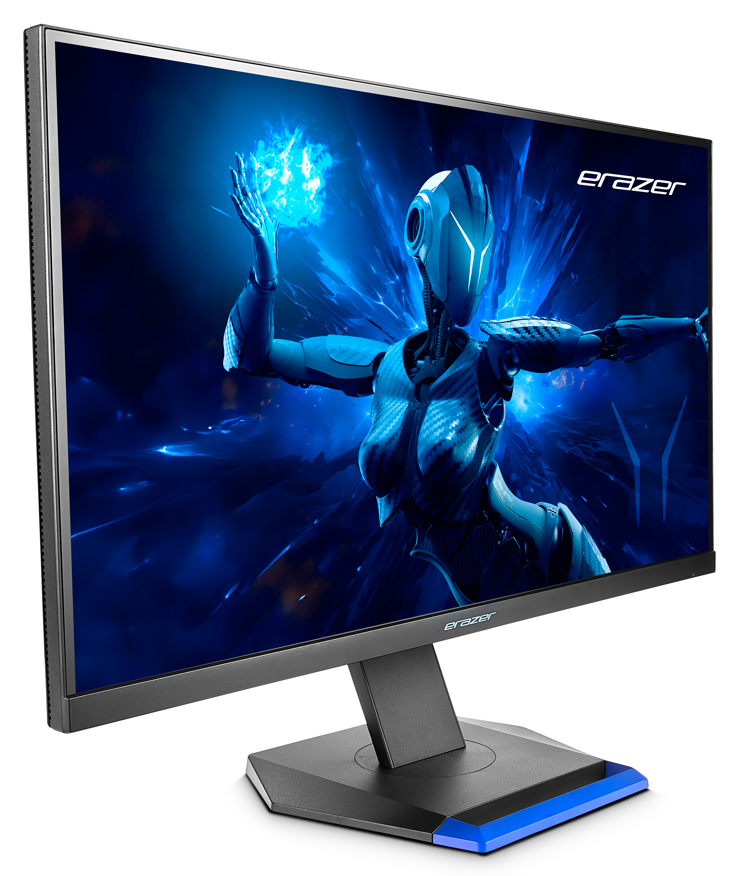 Una vista laterale di un monitor del computer. Cornice, base e supporto neri. Schermo grigio.