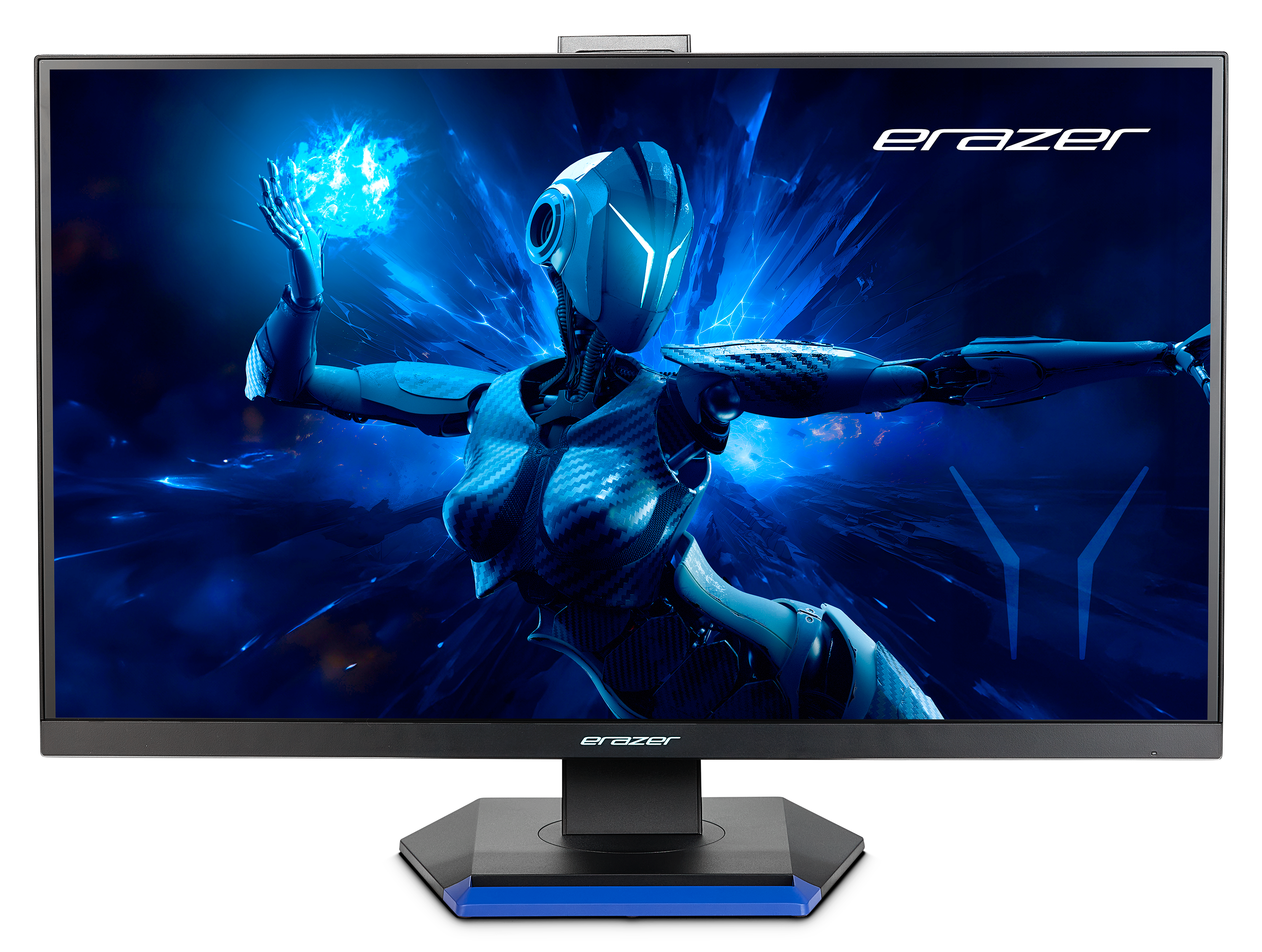 Un monitor mostra un robot futuristico. I colori blu e bianco dominano la scena. Il logo è in alto a destra.