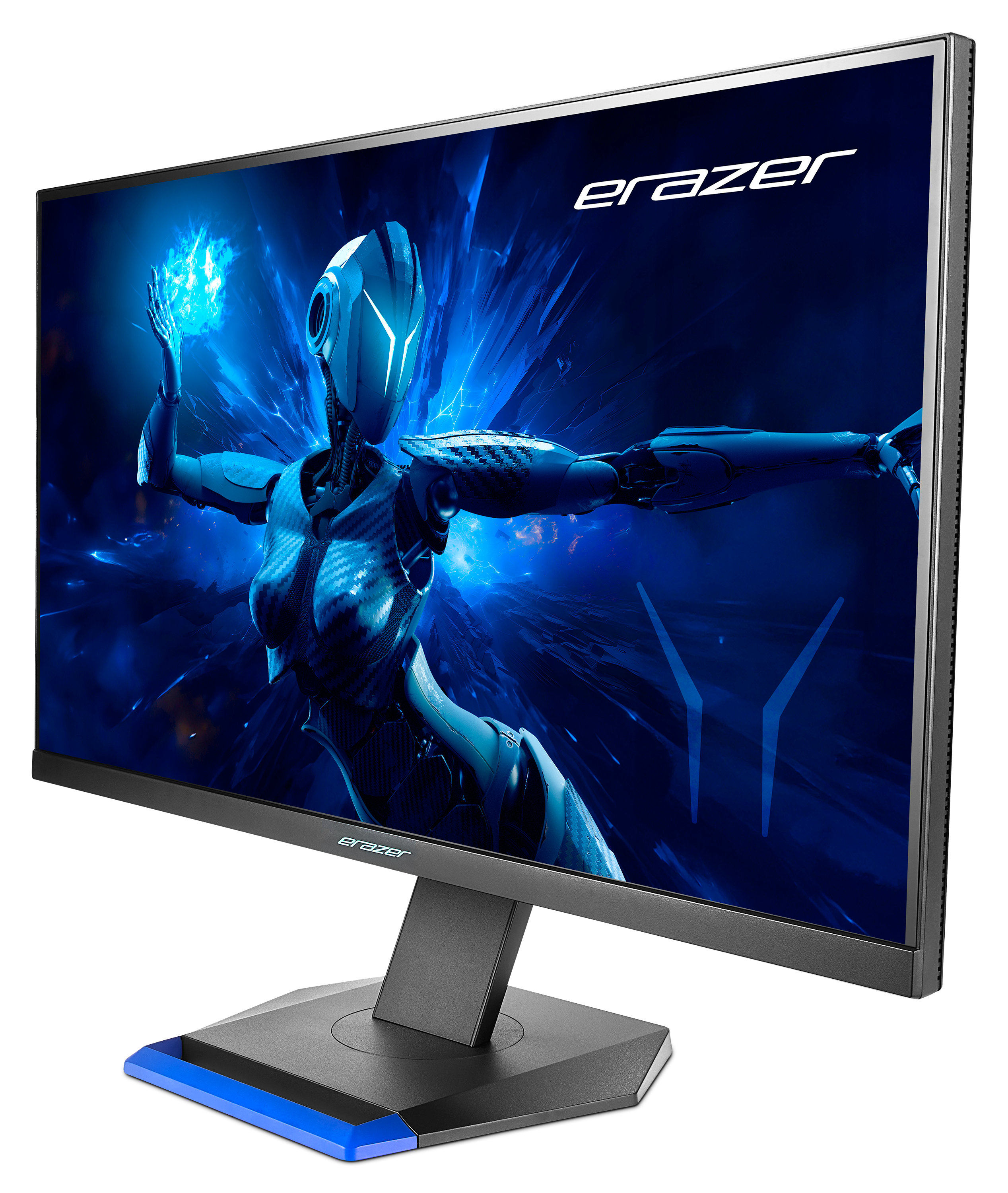 Monitor del computer che mostra un personaggio robot in una scena futuristica blu e bianca.