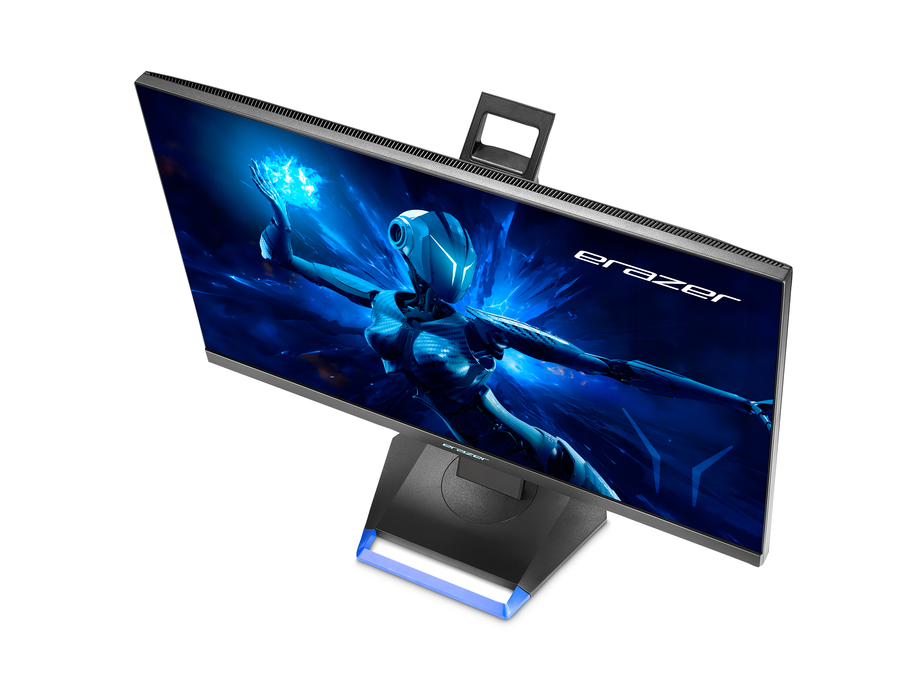Vista dall'alto di un monitor nero con immagine robot e supporto.