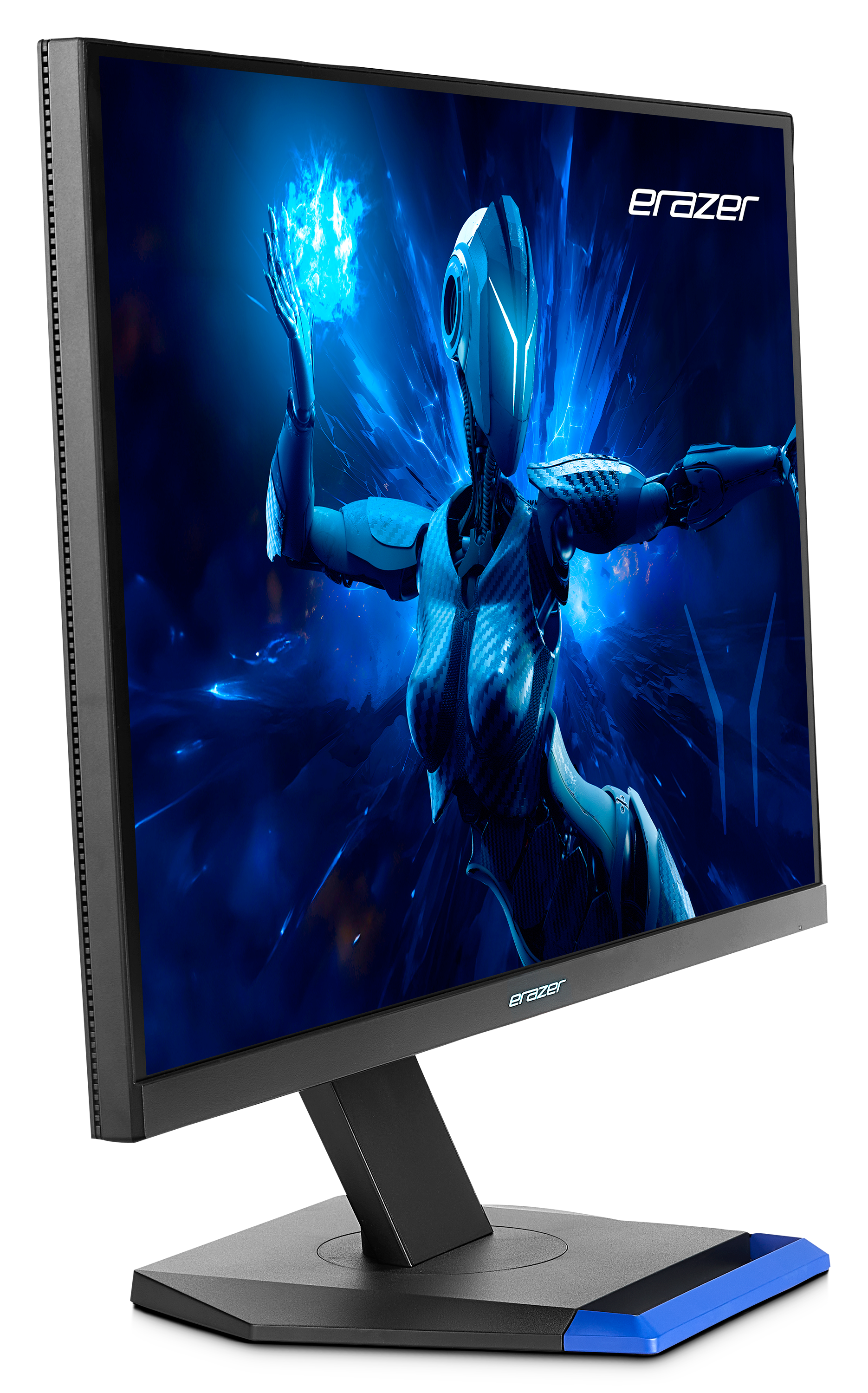 Una vista angolata di un monitor nero e blu che mostra una figura blu simile a un cyborg in un ambiente scuro.
