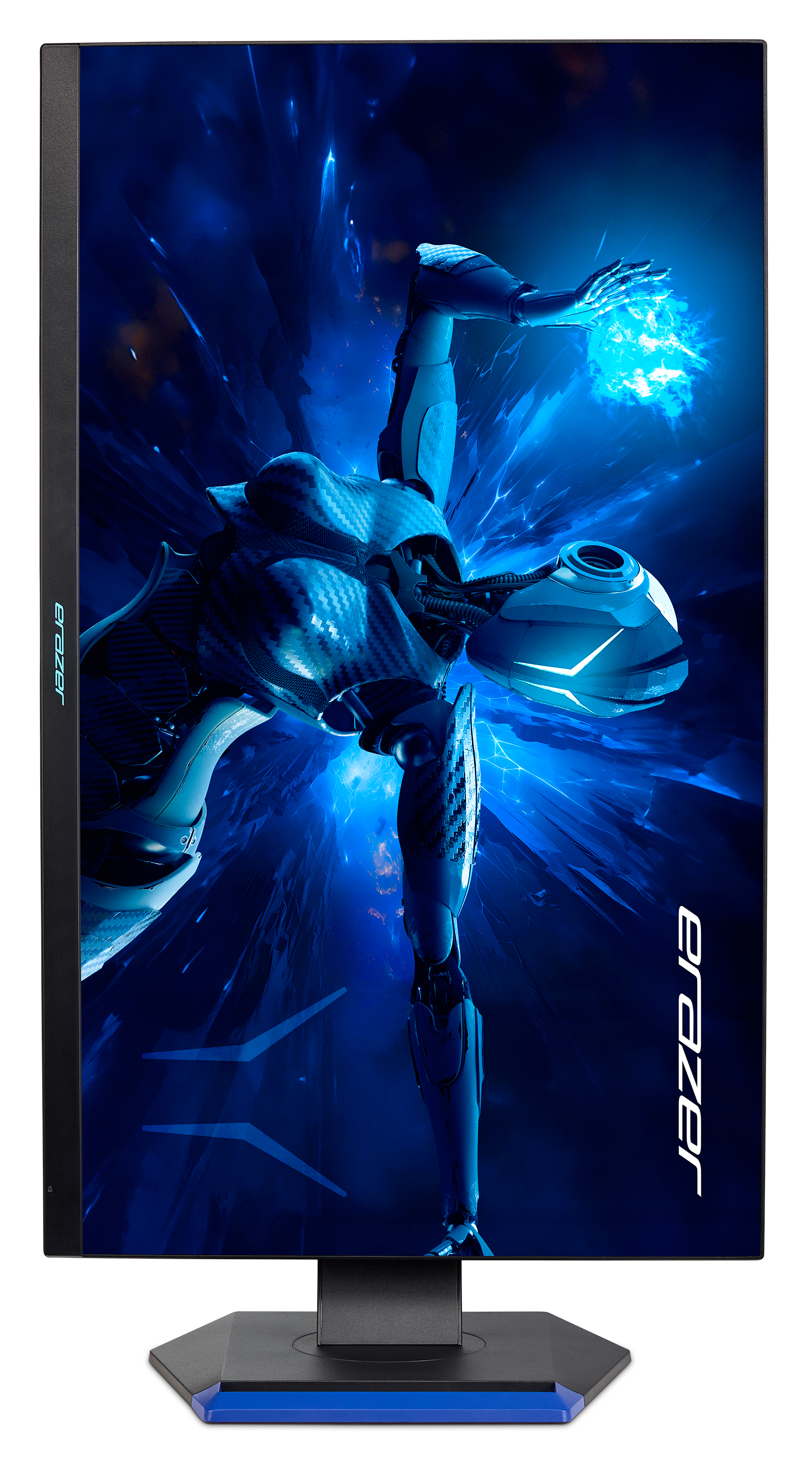 Monitor alto che mostra una scena blu futuristica con una figura robotica che tiene una sfera di energia.