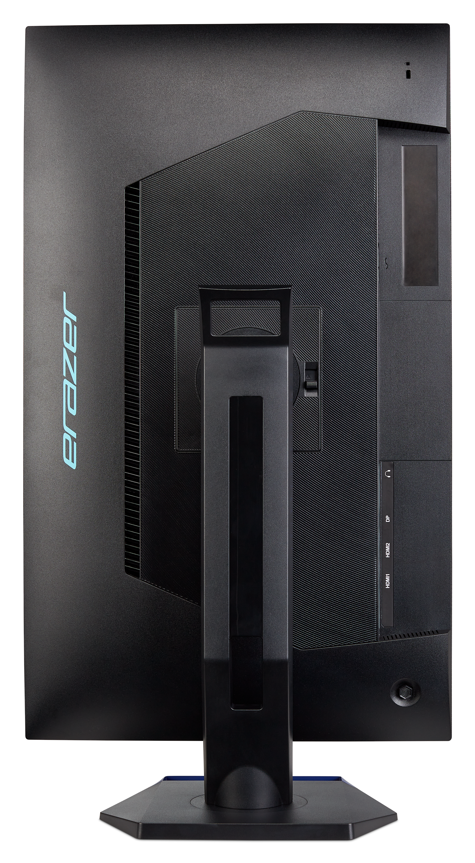 Il retro di un monitor per computer nero e blu con la parola erazer e le porte.