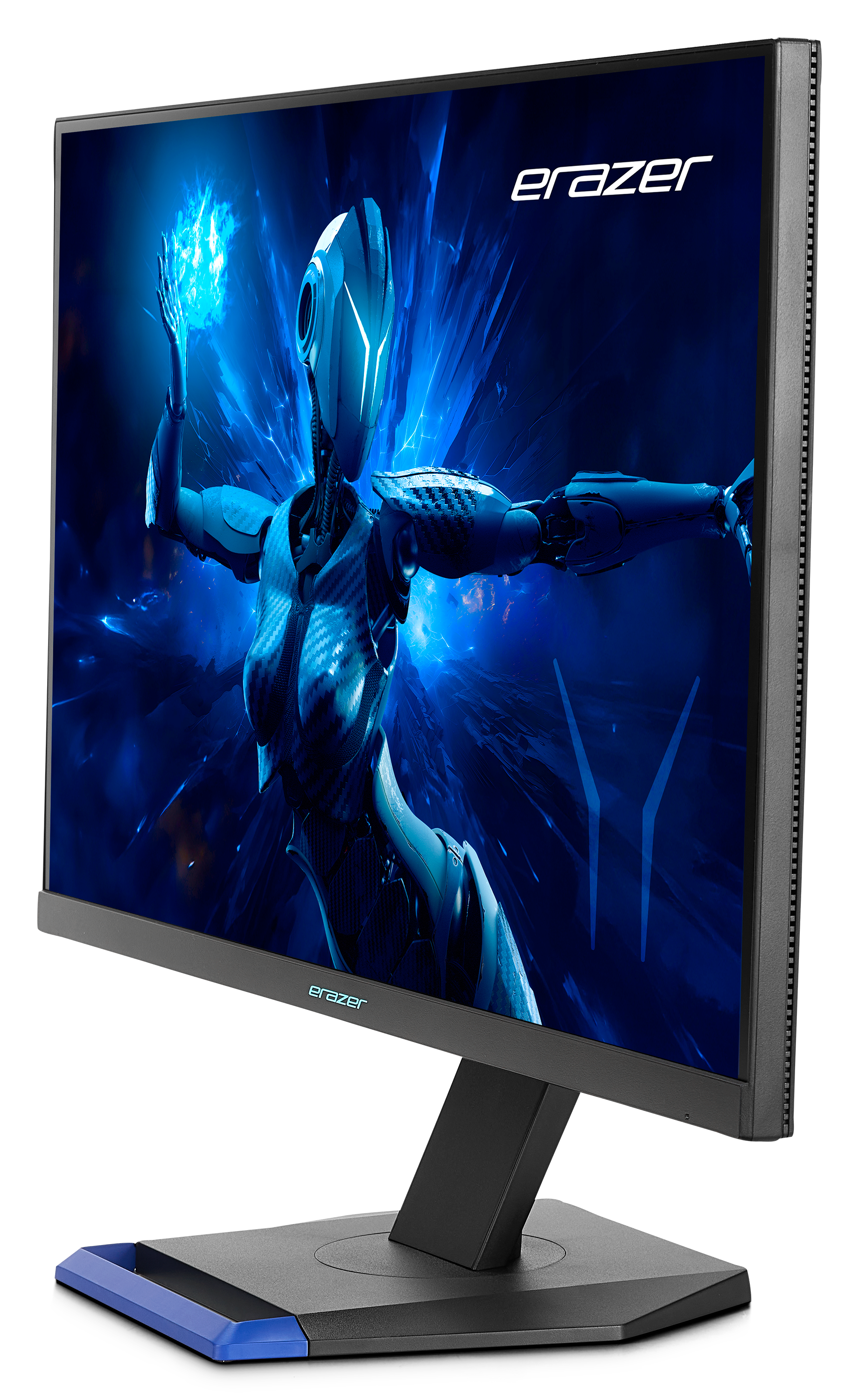 Monitor del computer che mostra una figura robotica blu con energia in un ambiente futuristico blu.