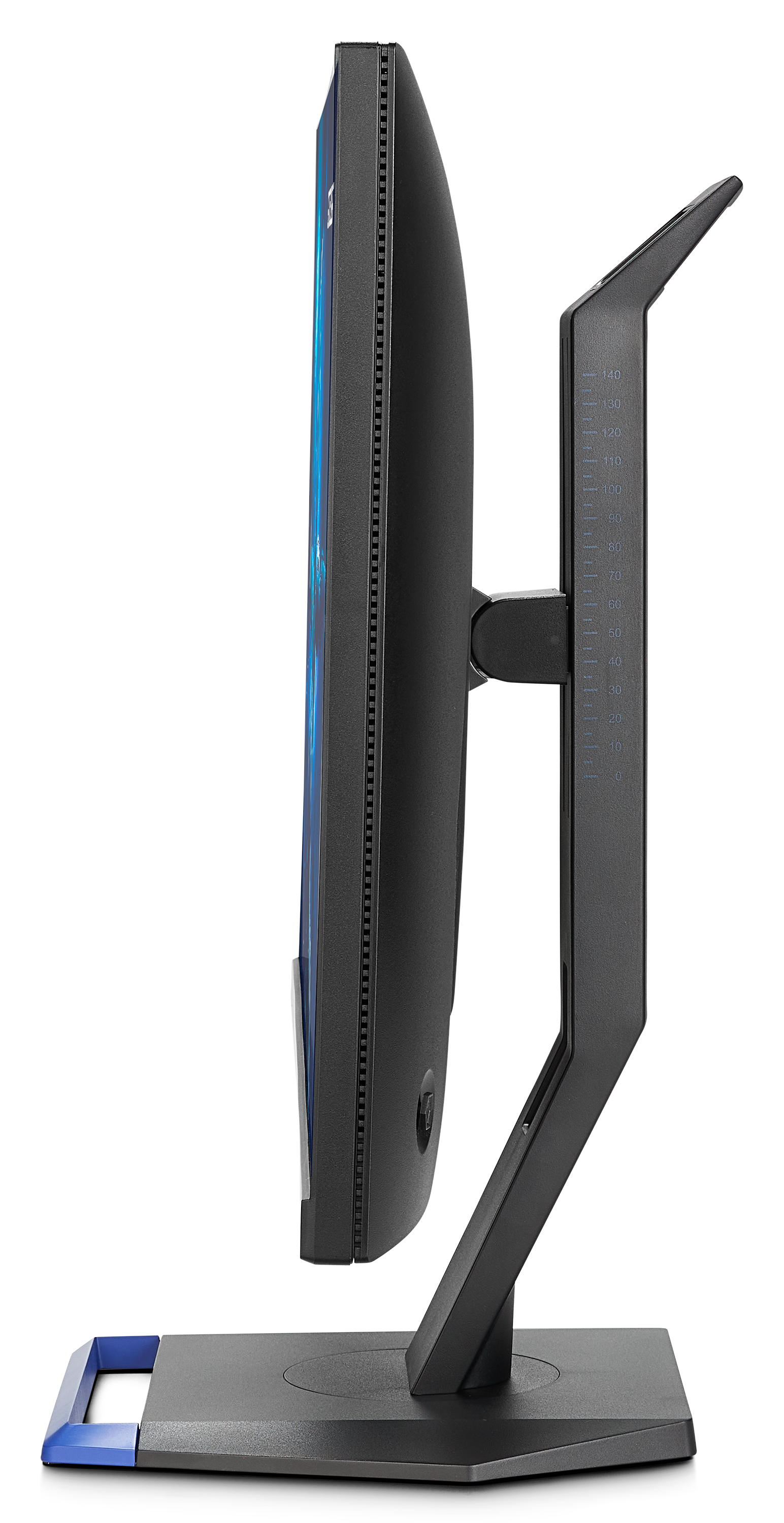 Vista laterale di un monitor nero con supporto. Lo schermo mostra un'interfaccia blu.