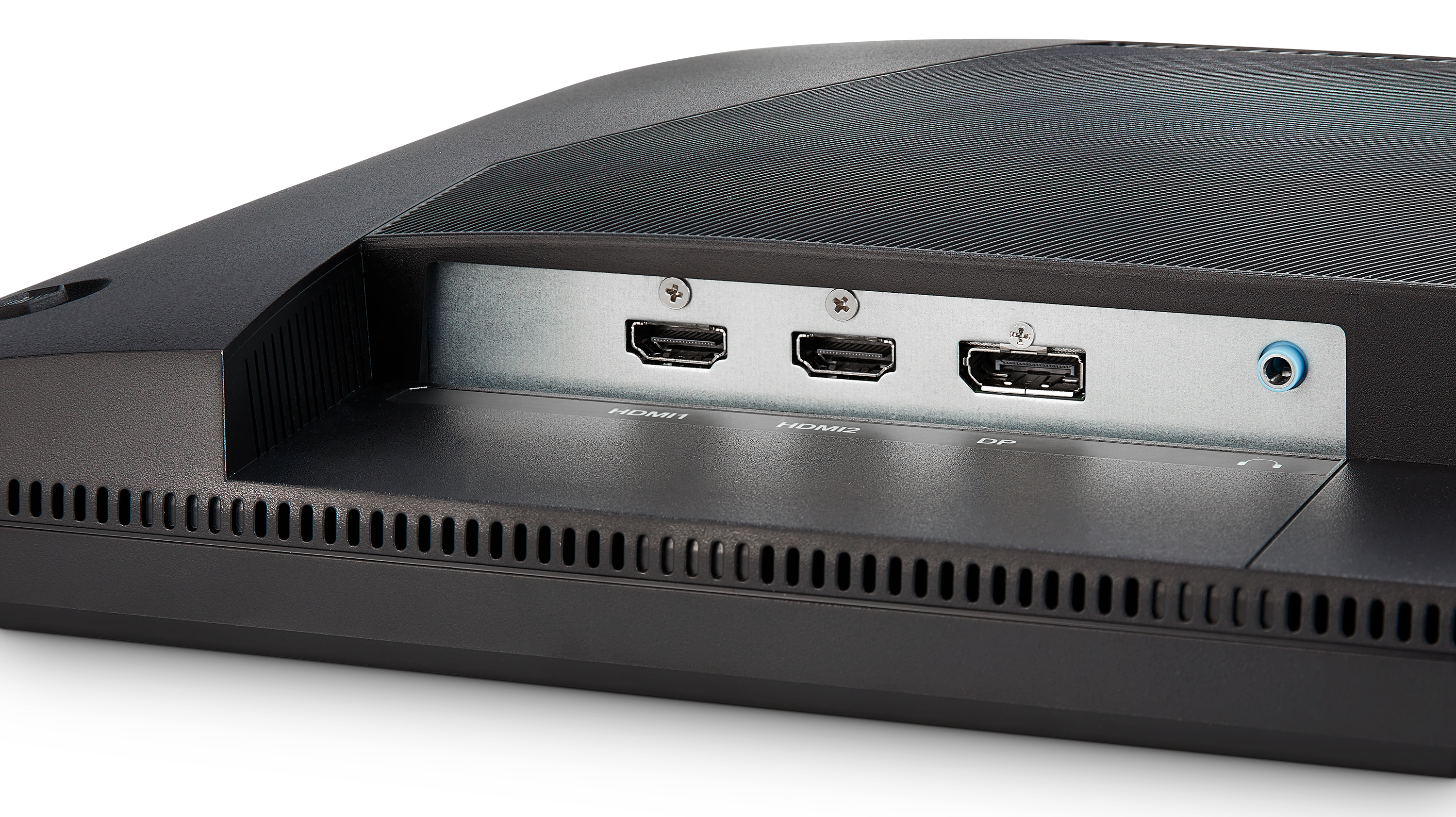 Primo piano del pannello posteriore di un monitor, con porte HDMI, DP e jack per cuffie.