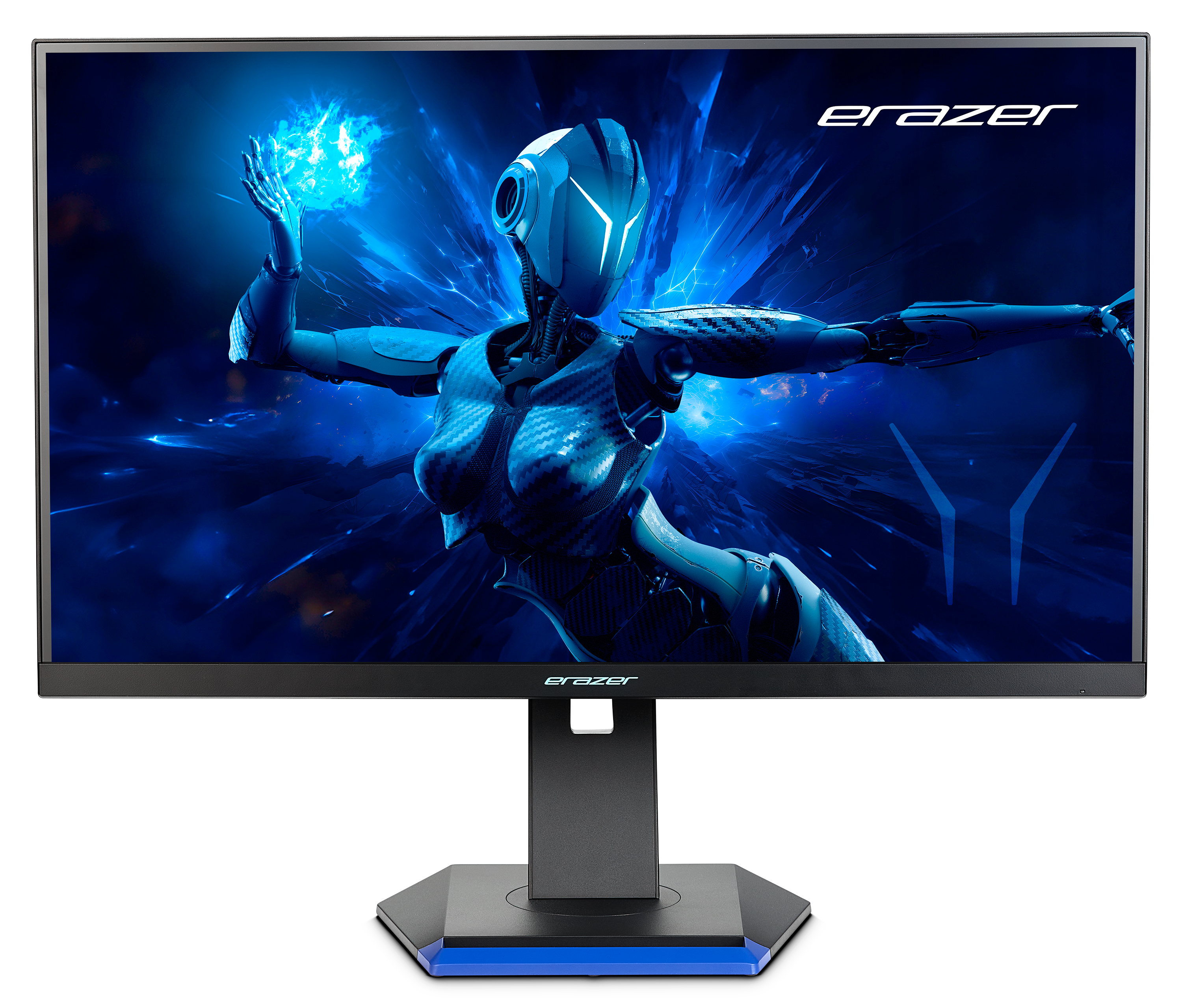 Un monitor mostra una donna cyborg in un ambiente futuristico. Il marchio è Erazer.