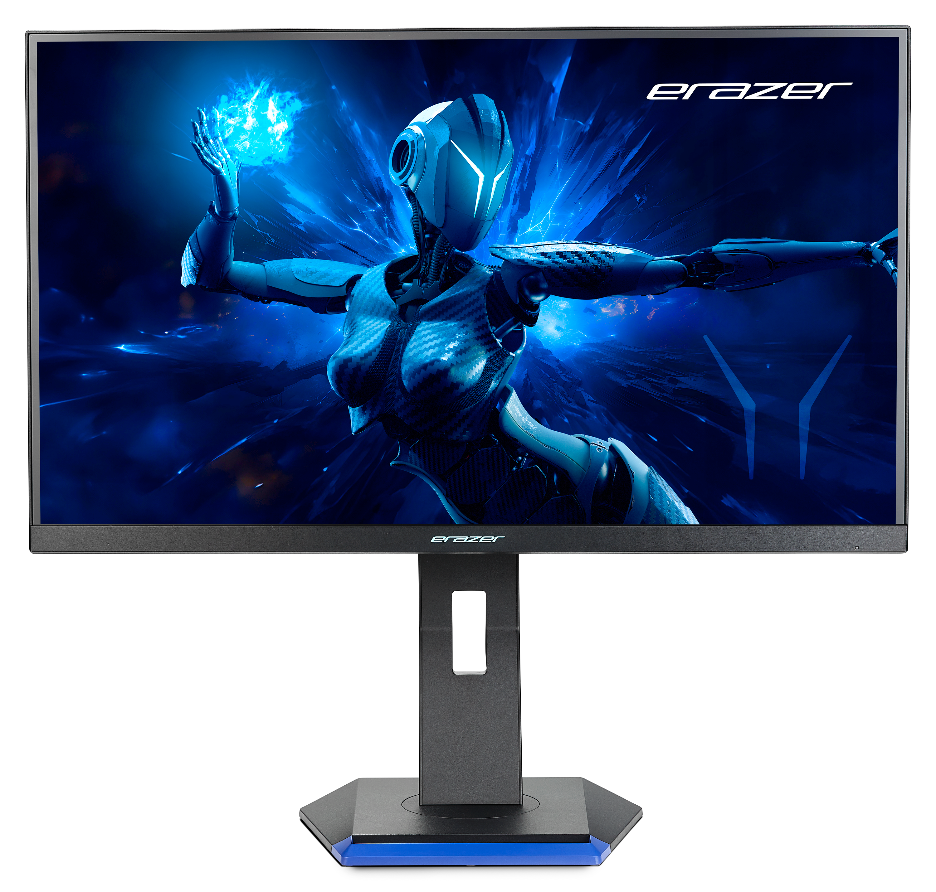 Un monitor da gioco che mostra una donna futuristica con energia blu, con una base nera.