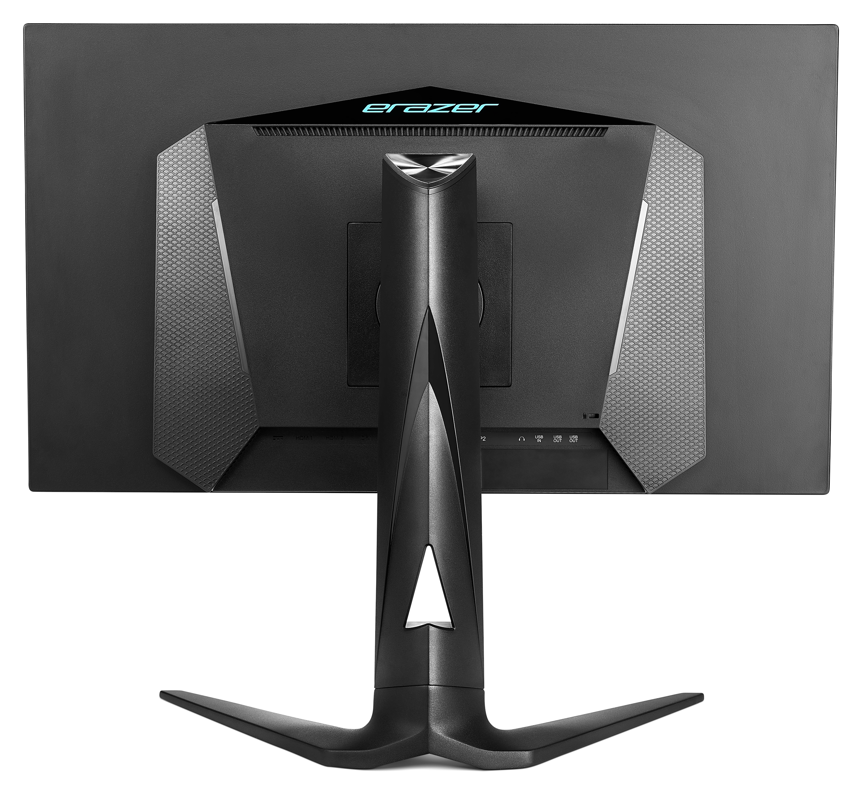 Arrière d'un écran d'ordinateur noir, avec le support en vue. Le design est futuriste.