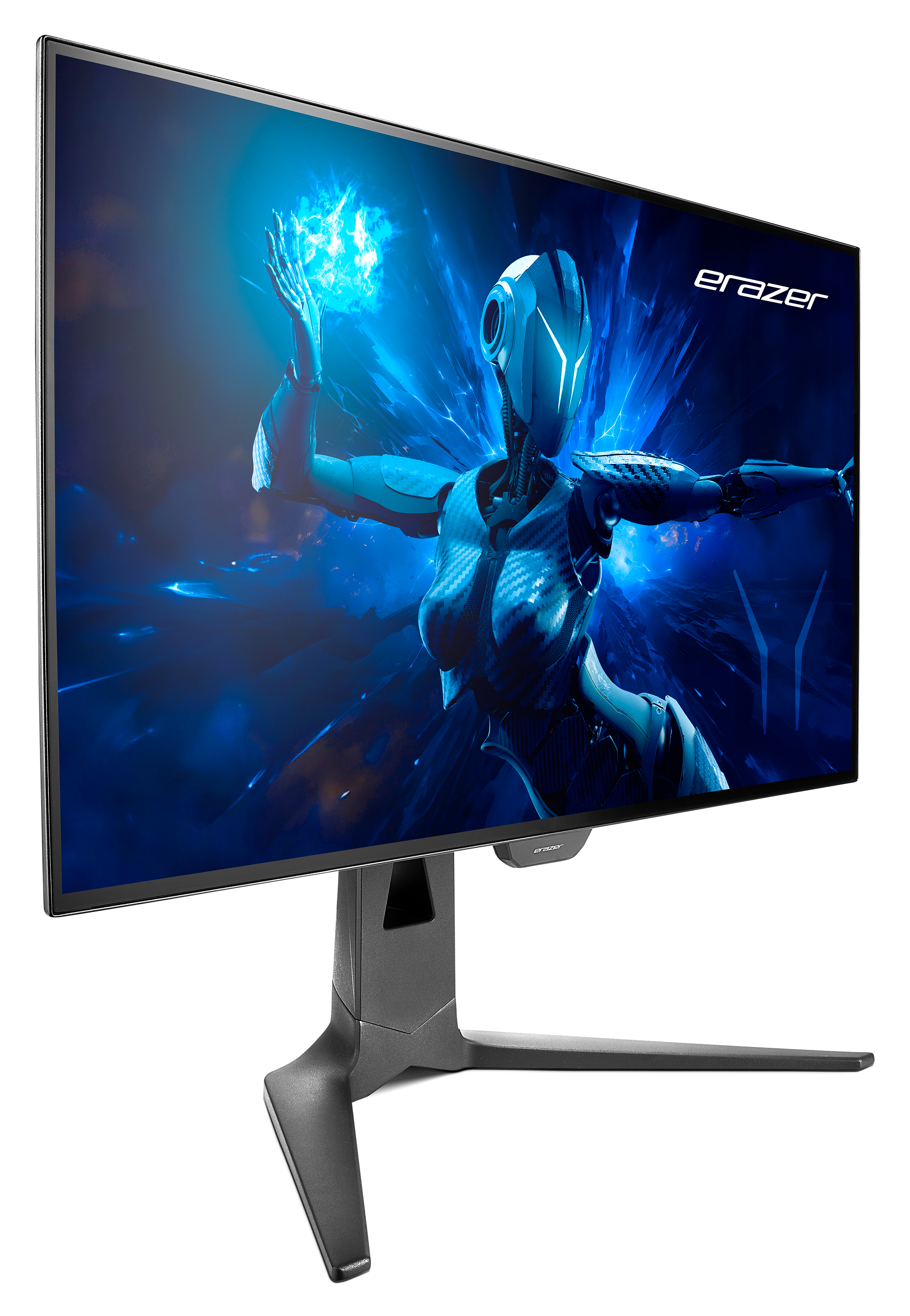 Un moniteur de jeu Erazer montrant une figure futuriste avec des effets bleus. Le moniteur a un support.