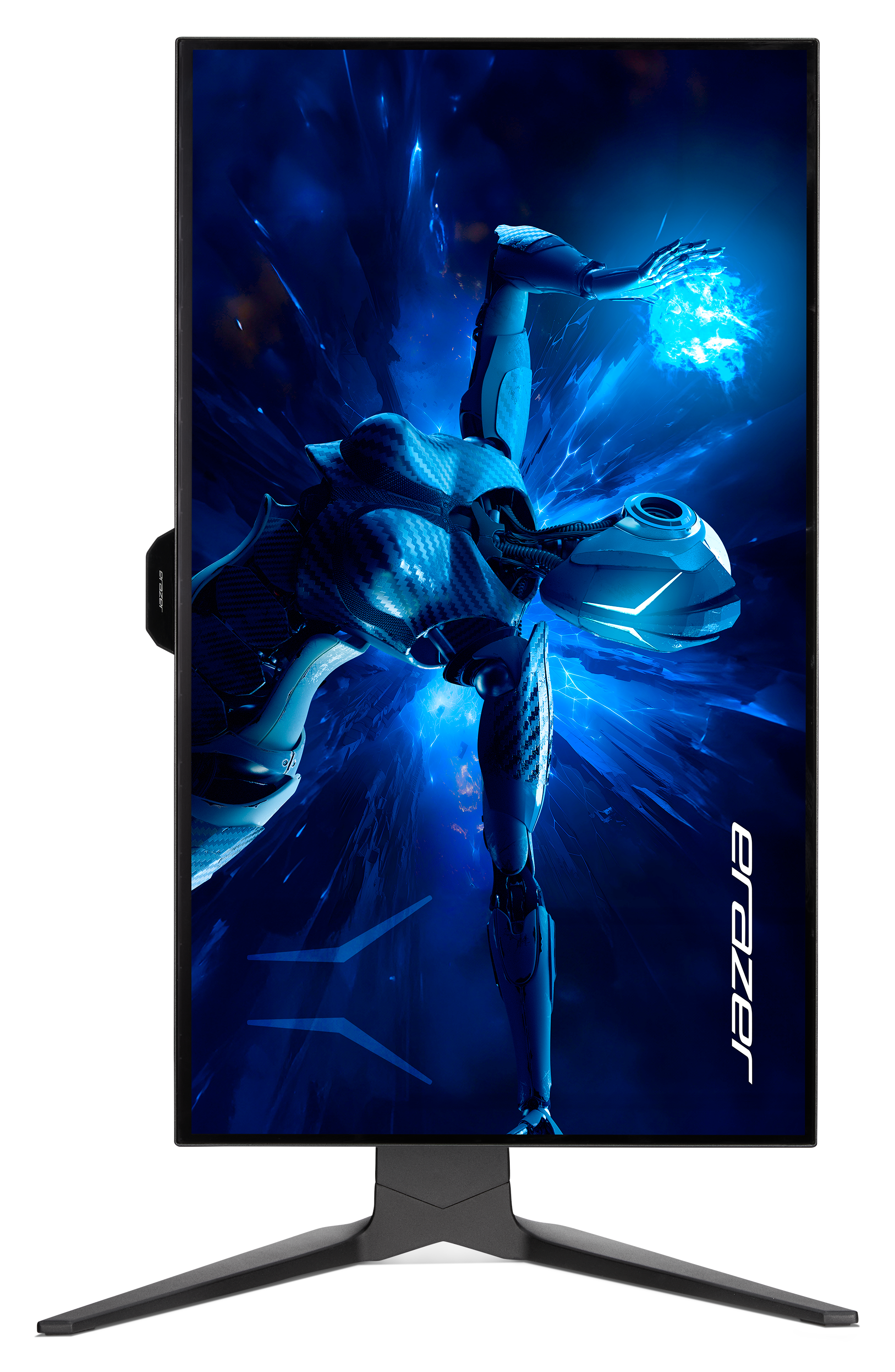 Moniteur de jeu affichant une scène futuriste avec une figure cyborg et des effets bleus.