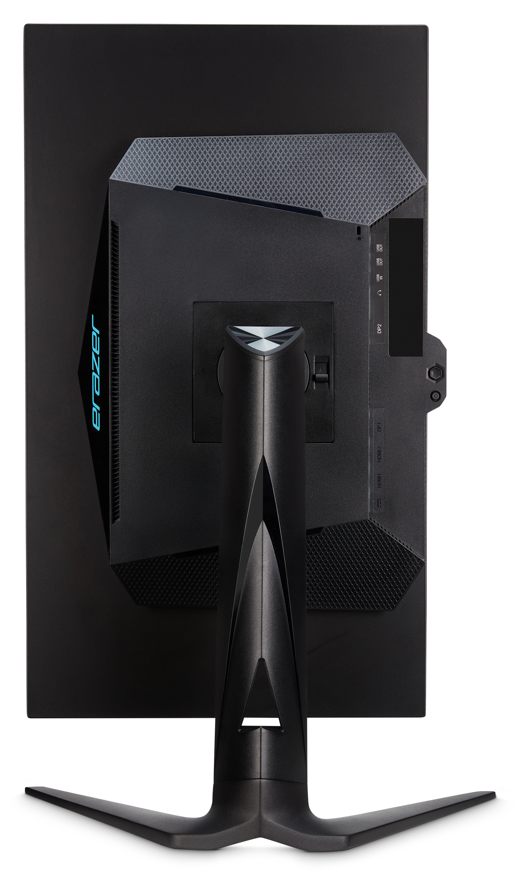 L'arrière d'un moniteur de jeu noir, avec entrées et un pied.