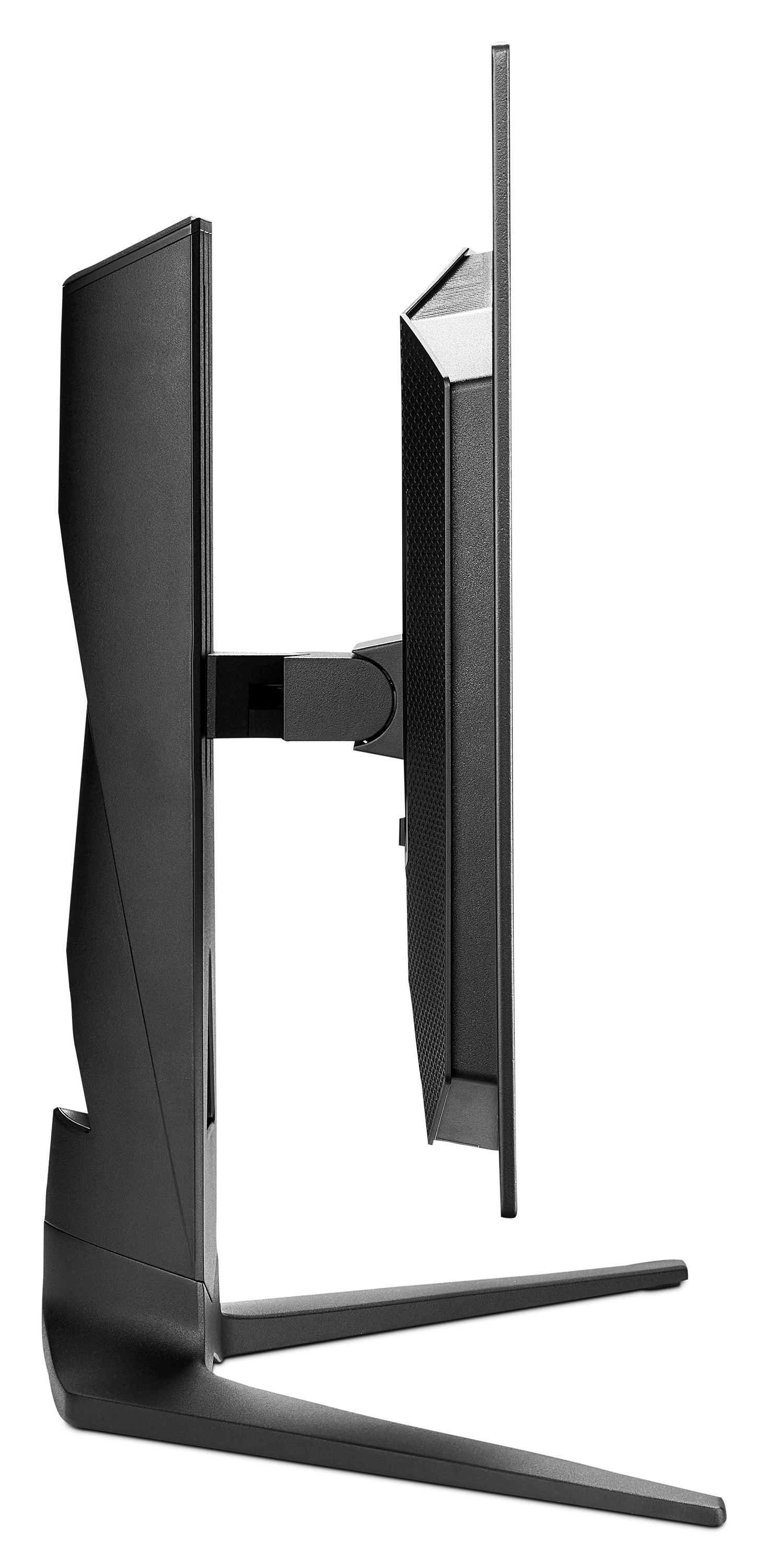 Vue latérale d'un moniteur d'ordinateur noir avec un support sur fond sombre.