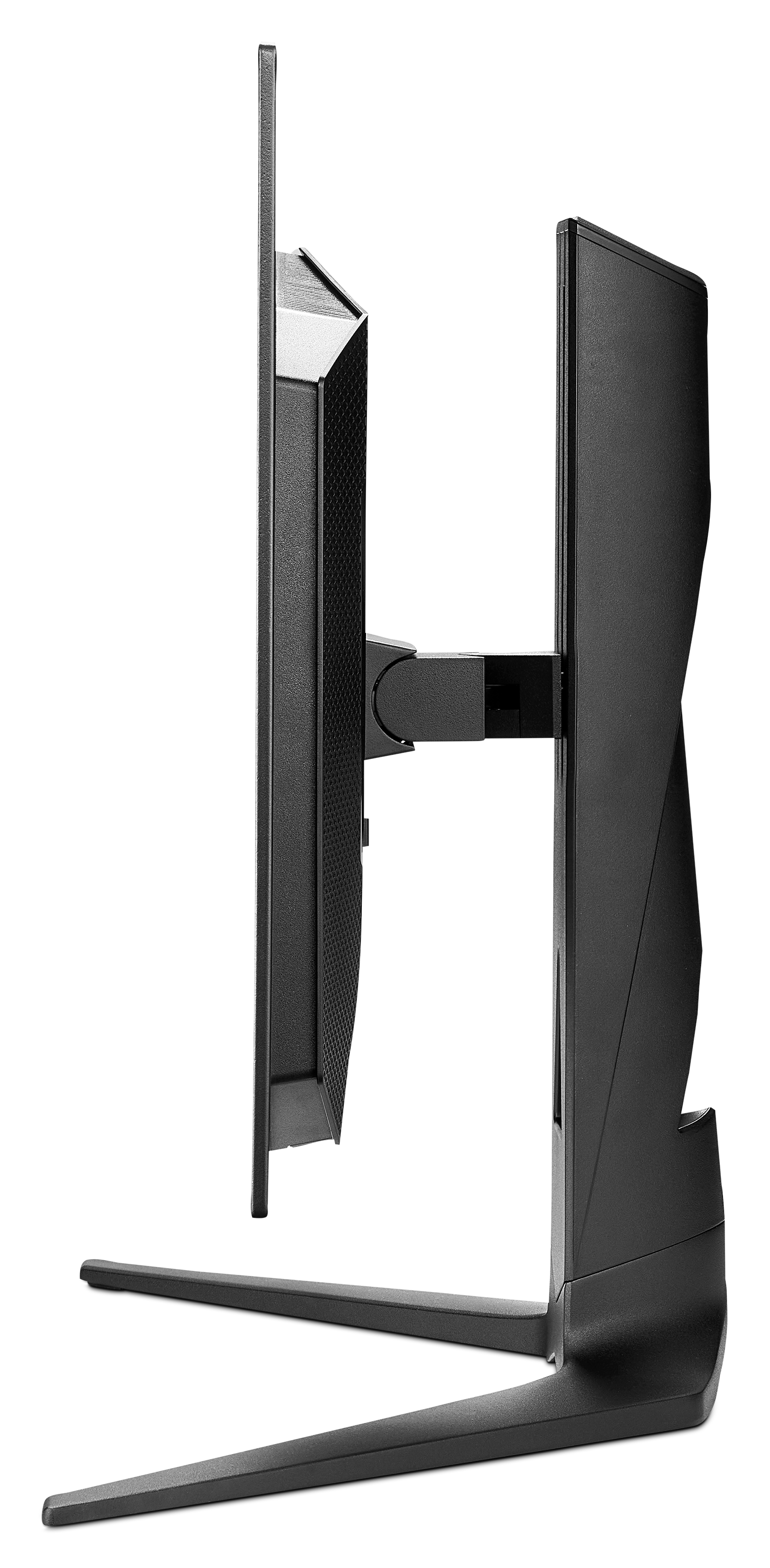Vue latérale d'un moniteur de jeu noir avec un support. Le moniteur est noir et a un design élégant.