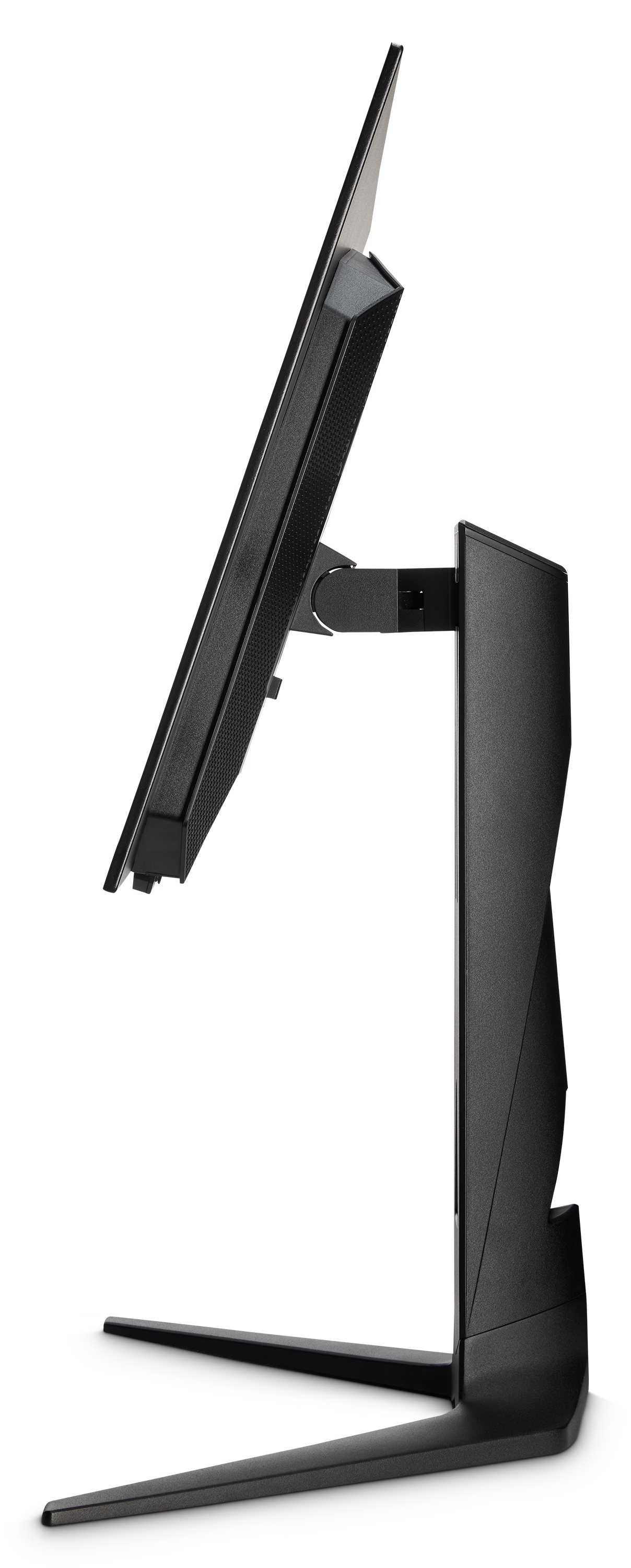 Un moniteur d'ordinateur noir vu de côté. Il a un design élégant et moderne avec un support et une fine lunette.
