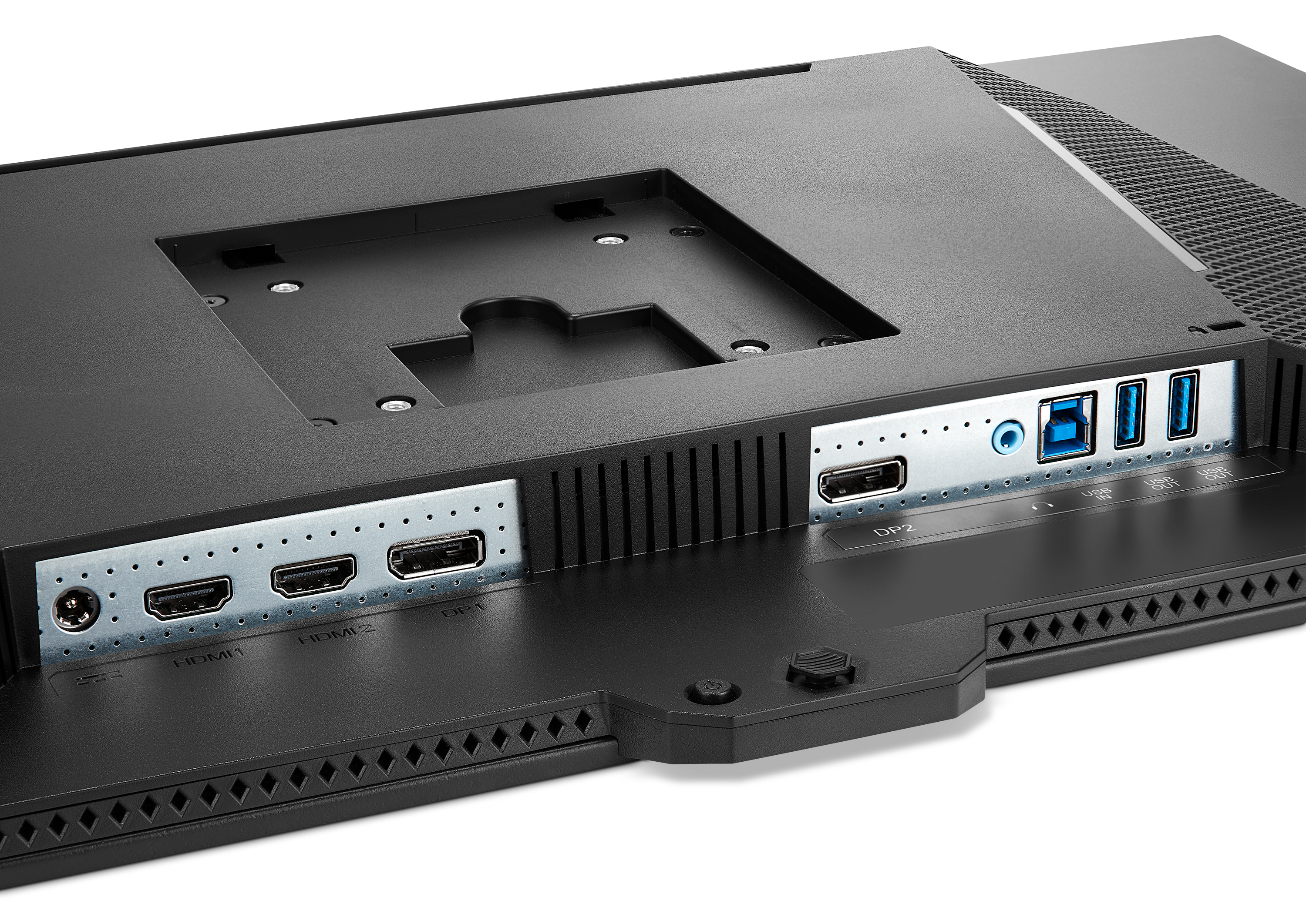 Arrière d'un moniteur noir avec divers ports et un bouton d'alimentation.