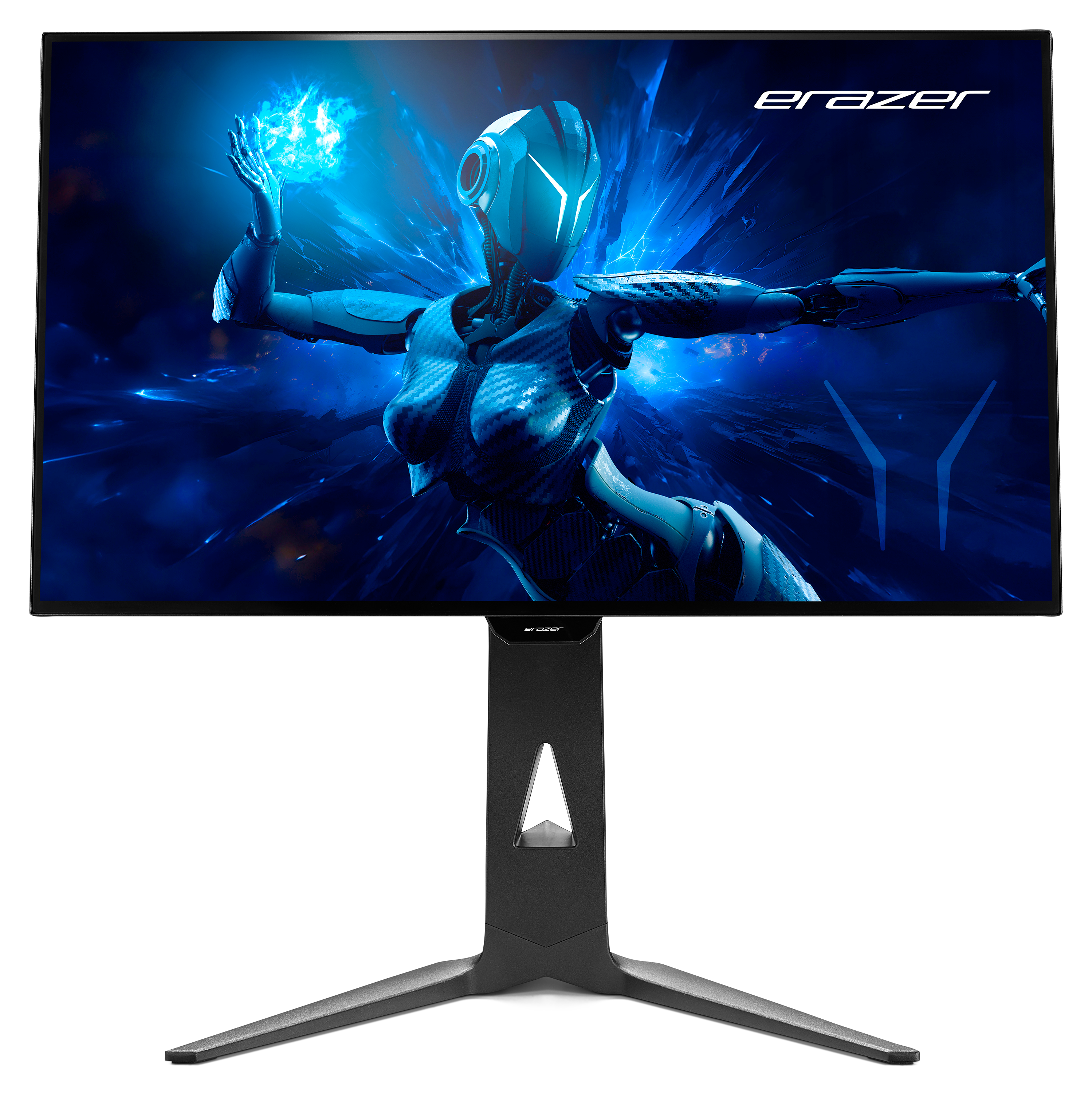 Un moniteur de jeu affichant un robot féminin avec une lumière bleue, sur un support noir.