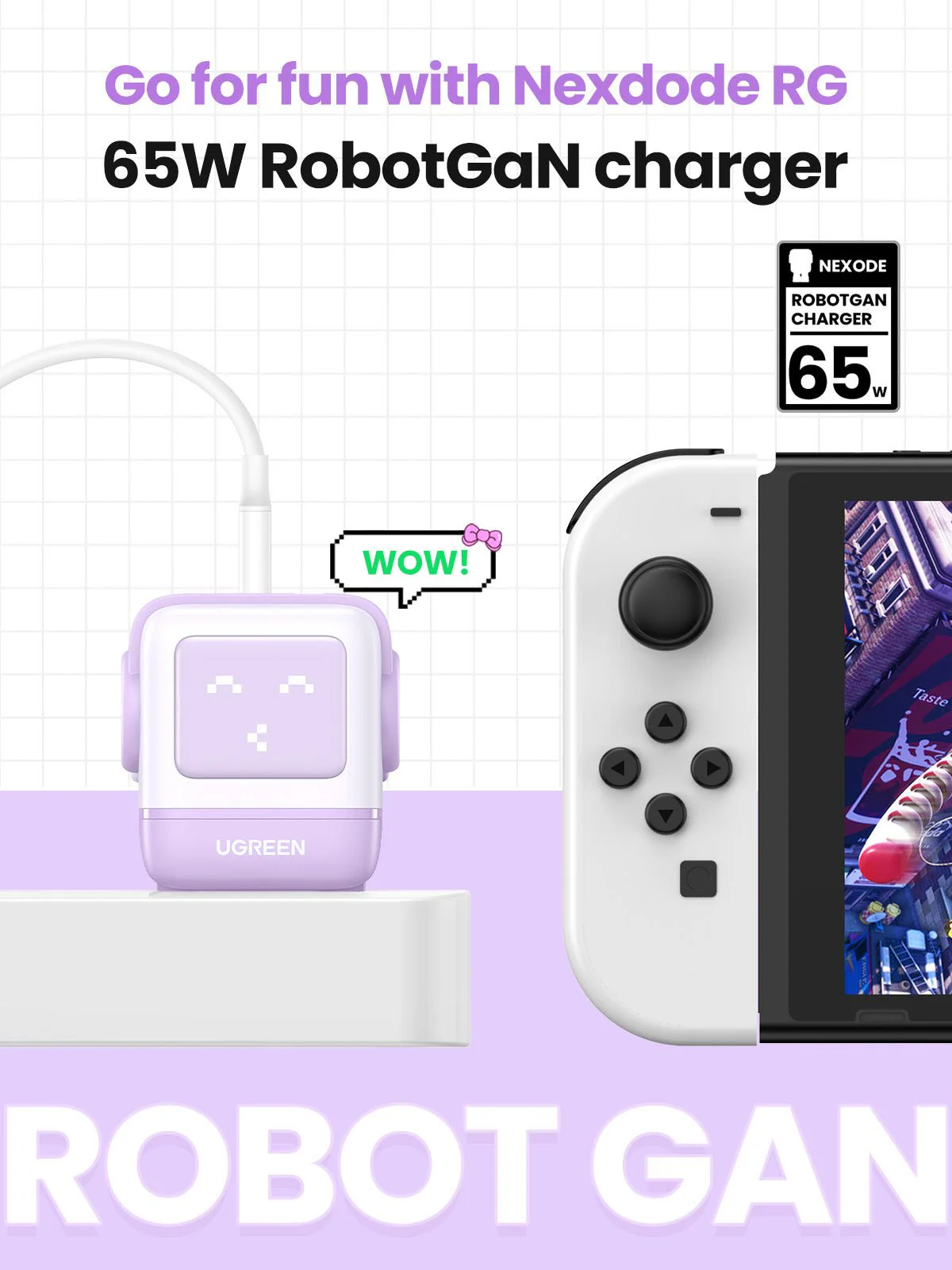 Nexode RG RobotGaN-Ladegerät mit Switch und Text: 'Go for fun with Nexode RG'.