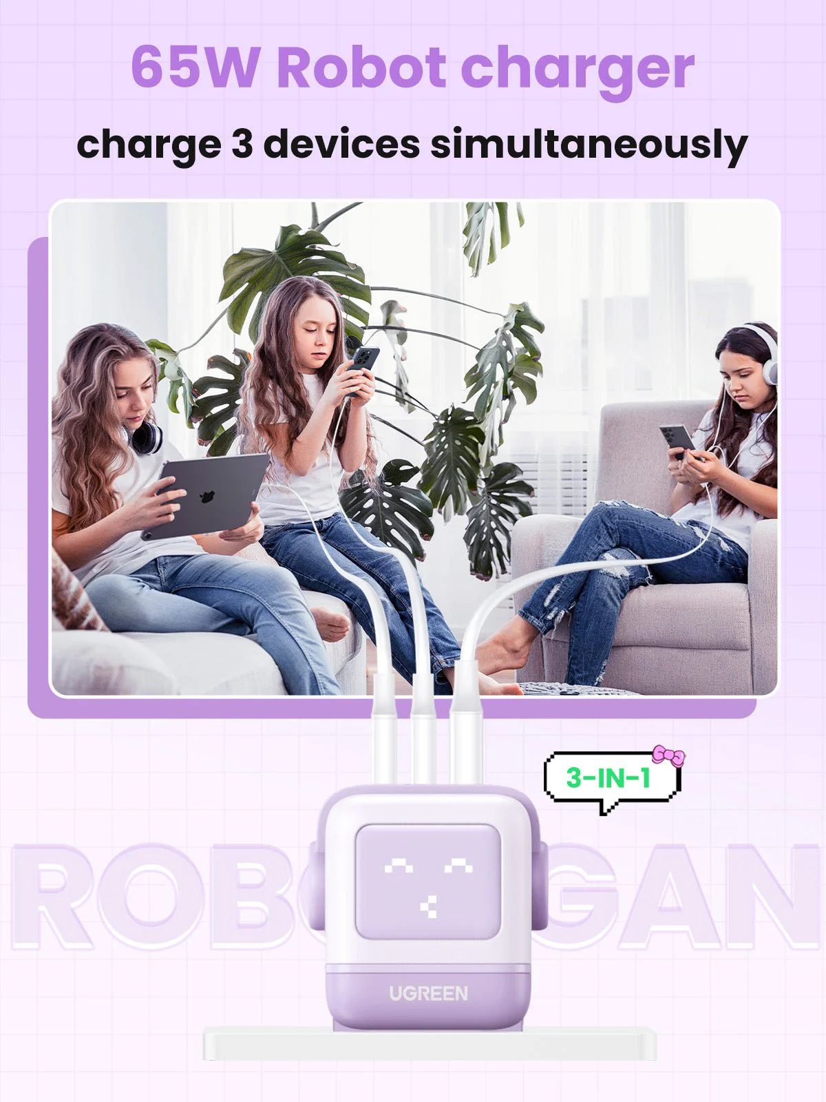 Drei Personen benutzen Geräte, im Vordergrund ein Roboter-Ladegerät. Der Hintergrund ist ein Raum mit Pflanzen.
