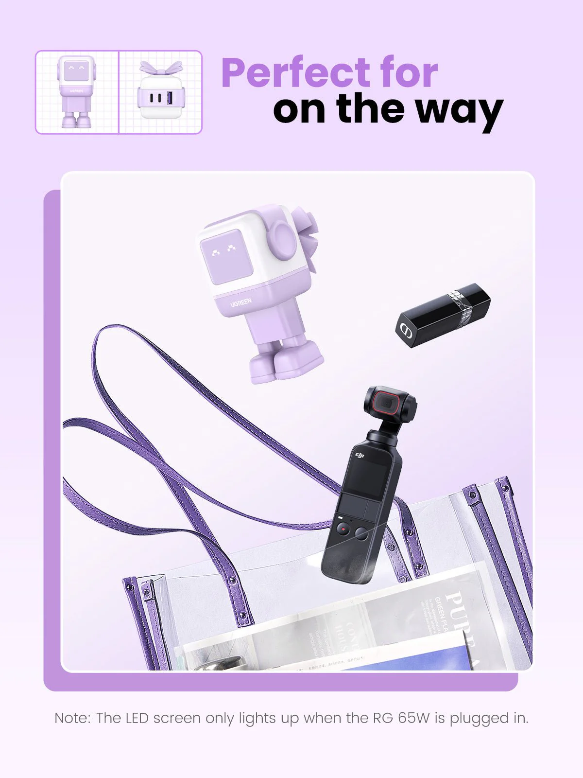 Weiß-violetter UGREEN-Roboter, Lippenstift und schwarze Kamera in einer Tasche.