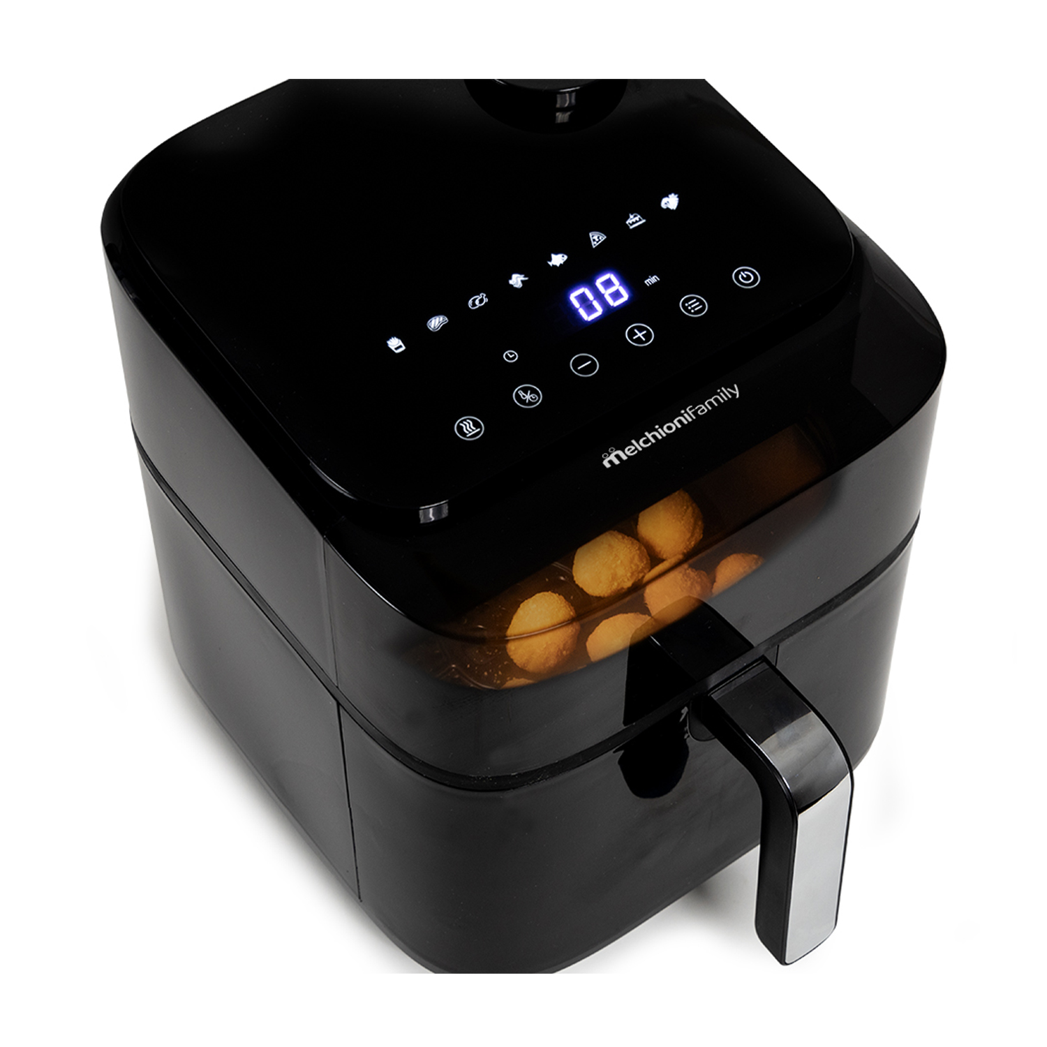 Una friggitrice ad aria nera con un display digitale che mostra l'ora. Il cestello contiene cibo.