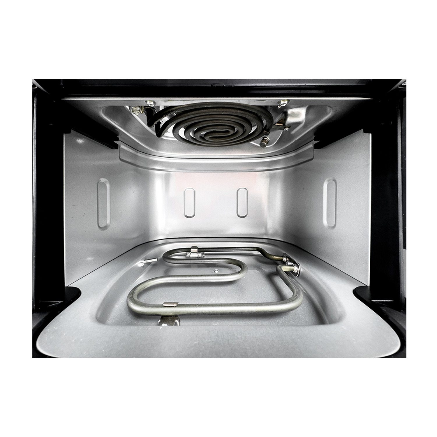 L'interno di un forno. Ha elementi riscaldanti, tra cui una spirale e un elemento curvo.