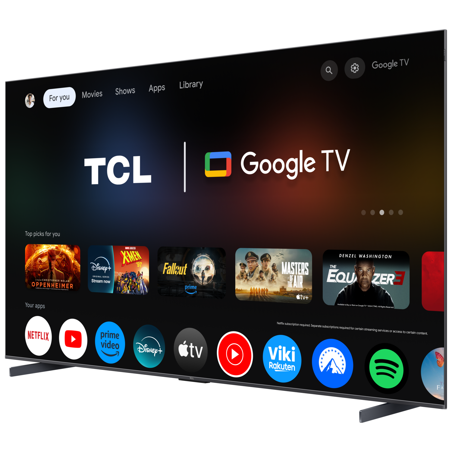 TCL Google TV met interface die apps en films toont, zwarte lijst, op een donkere achtergrond.