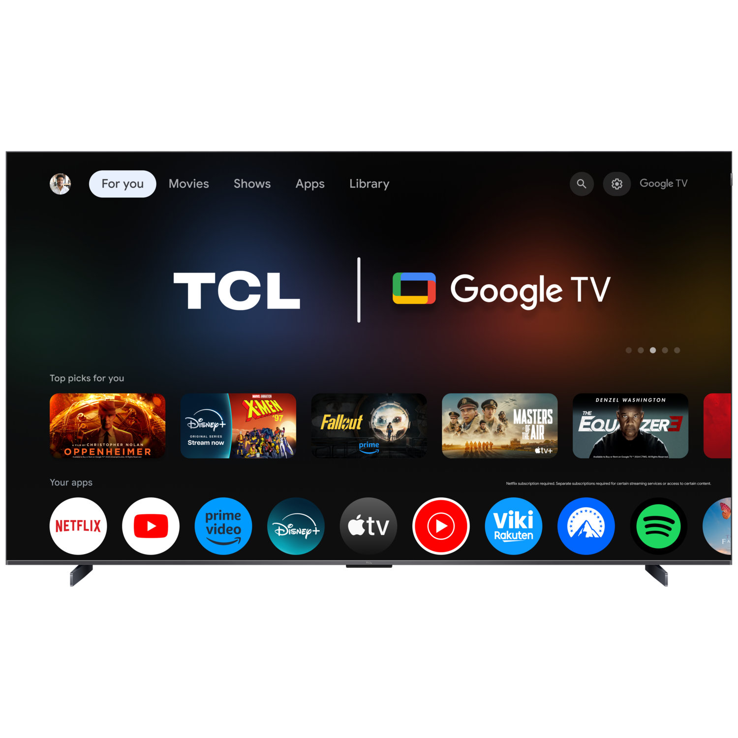 TCL Google TV-scherm met een menu. Het toont film- en app-pictogrammen.