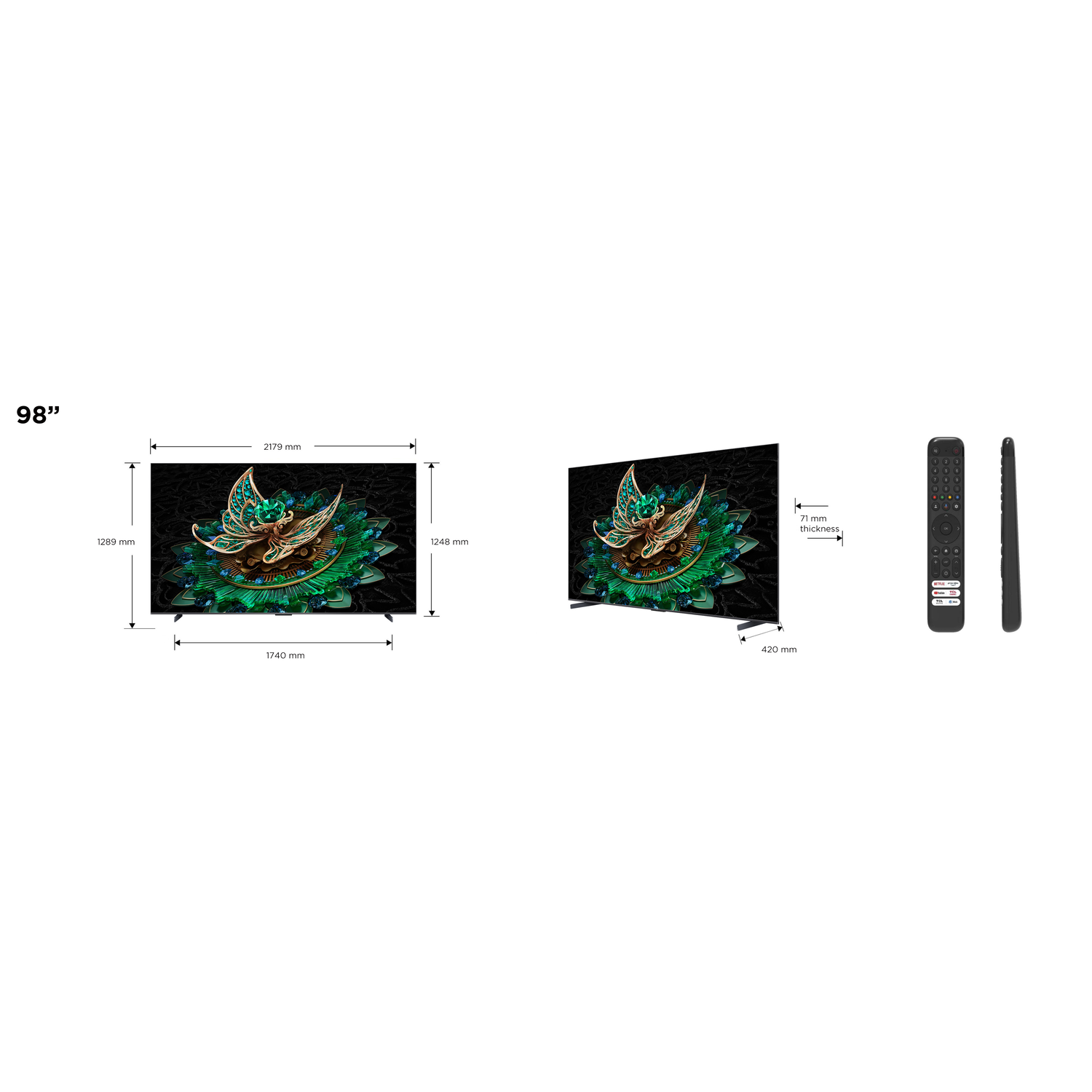 98" tv met artistiek vlinderontwerp, met afstandsbediening en afmetingen weergegeven.
