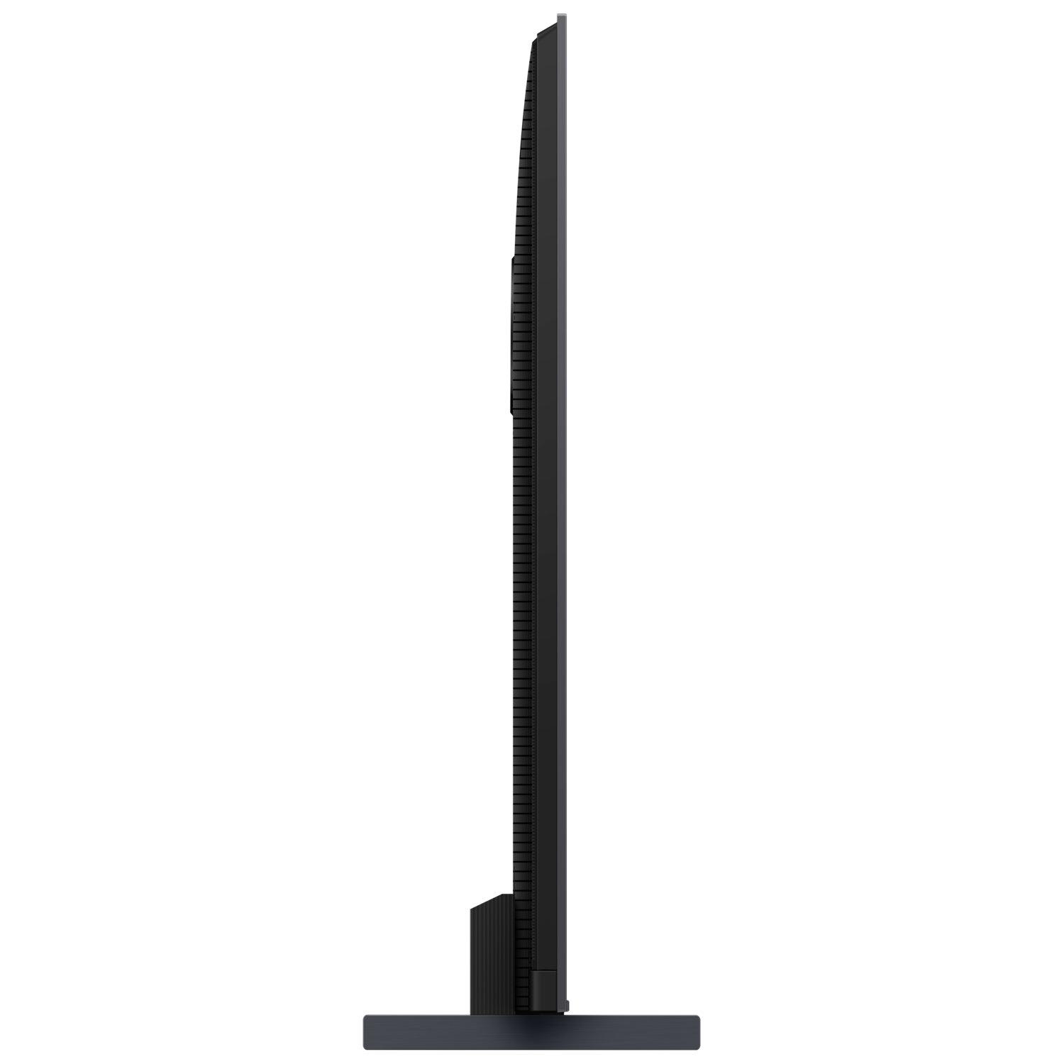 Zijaanzicht van een dun, zwart tv-scherm met een standaard, tegen een zwarte achtergrond.