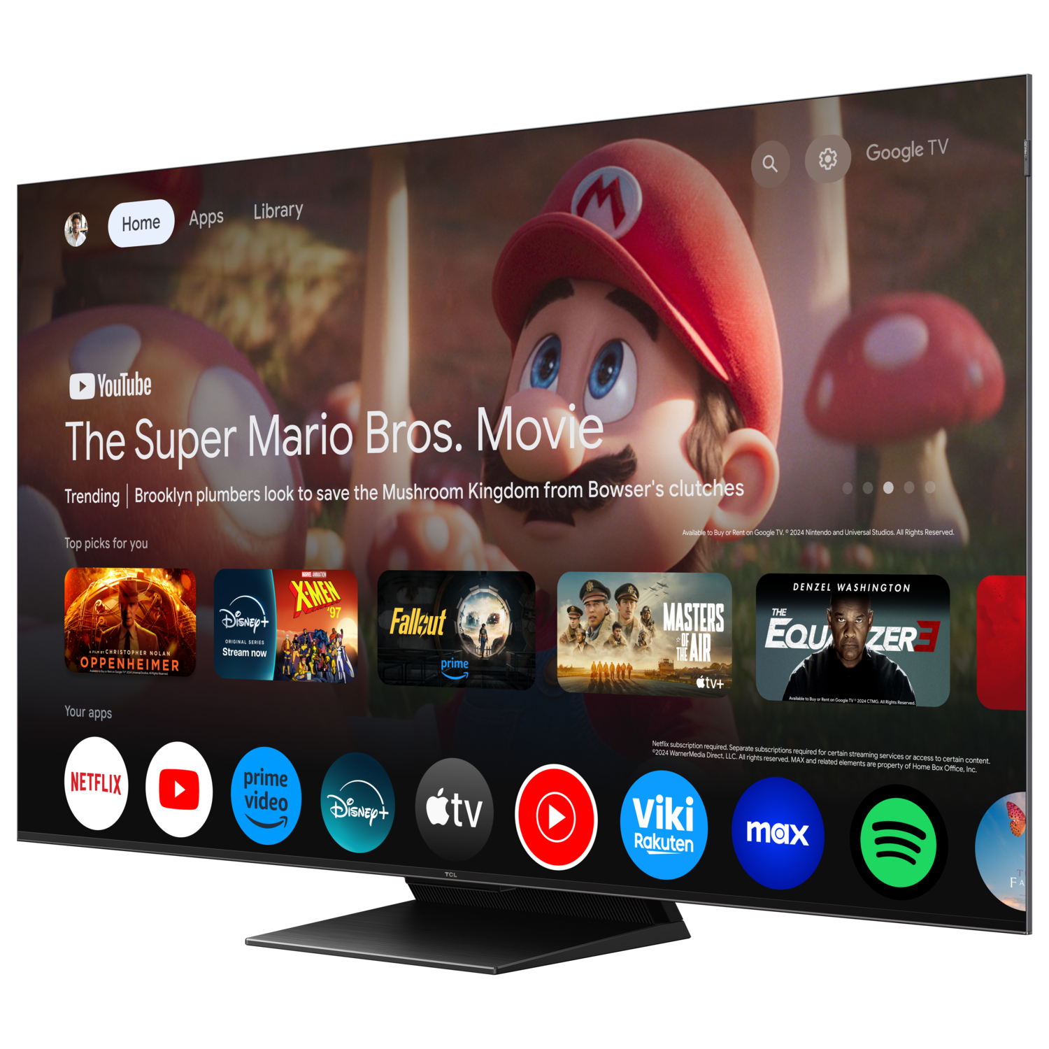 A TV displaying The Super Mario Bros. Movie on a black stand with apps visible.