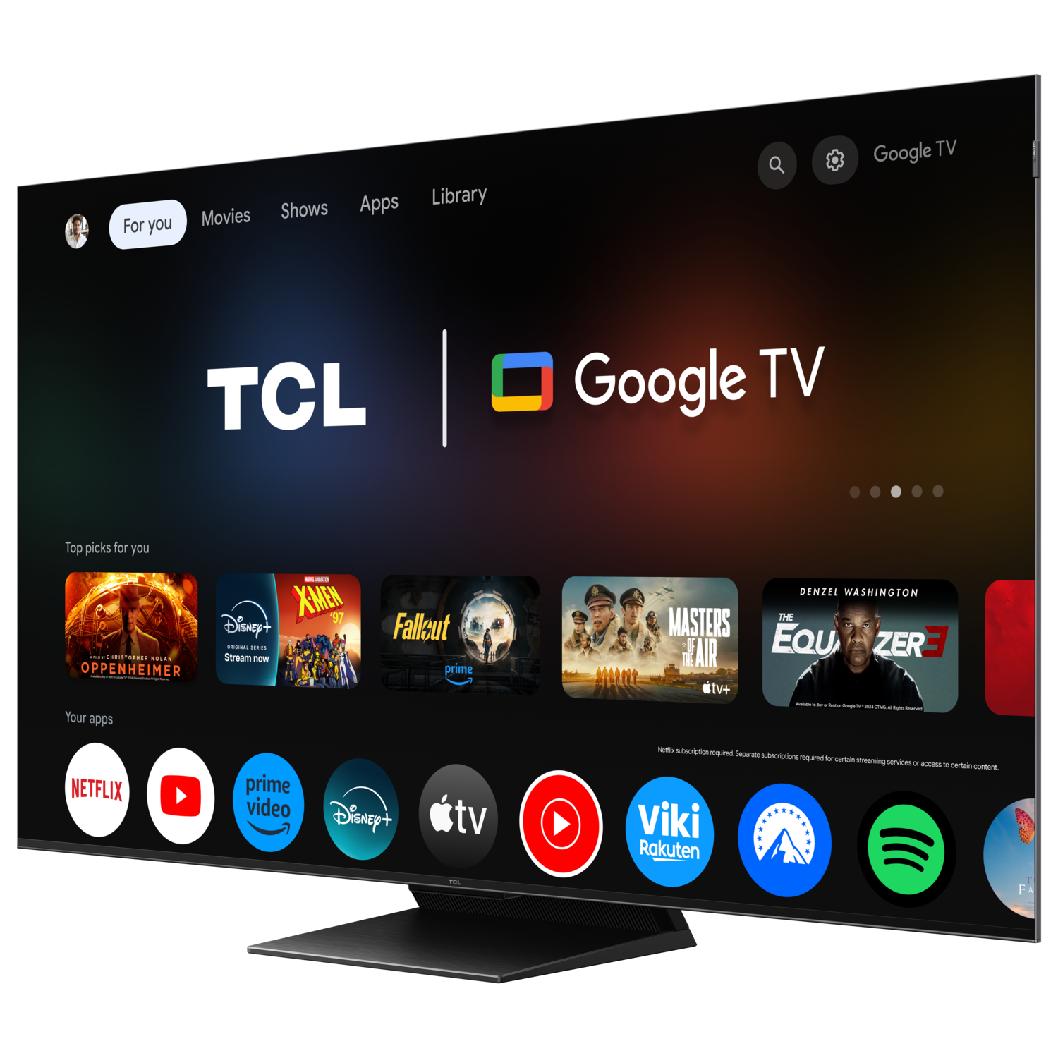 A large TCL Google TV is shown with various app icons.