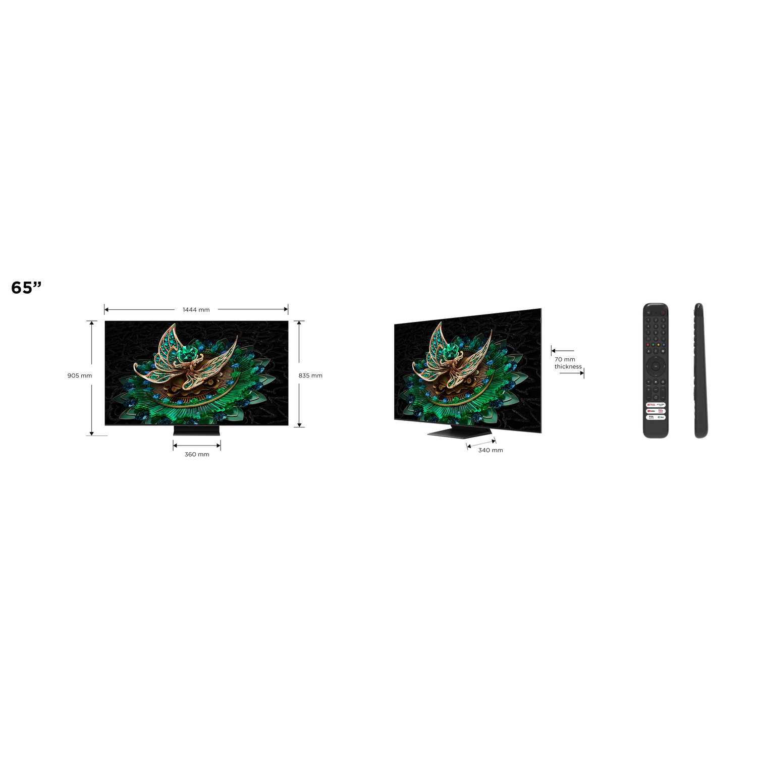65-inch TV and remote. TV dimensions and remote measurements. Black screen with green and gold design.