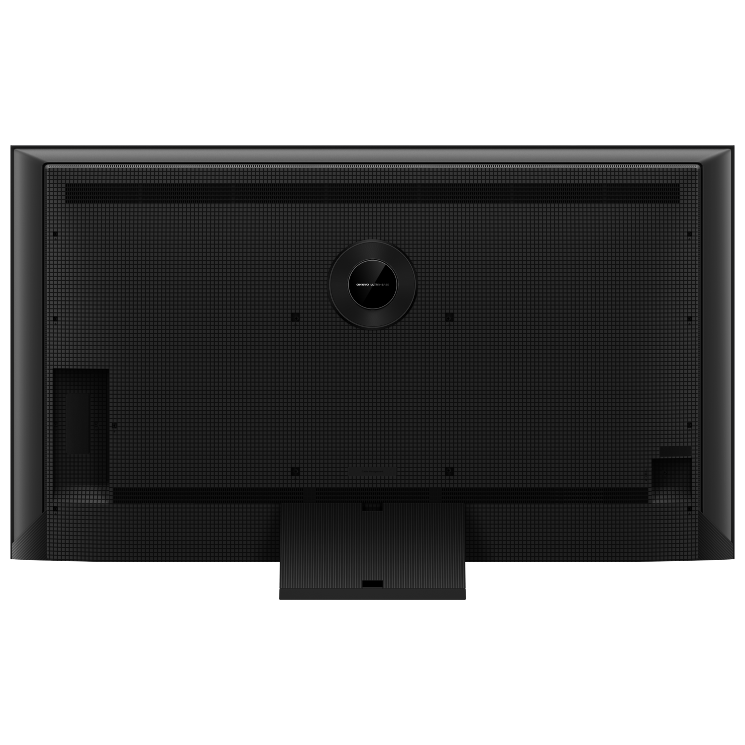 Back view of a black TV with a grid pattern and a circular logo. It has a stand at the bottom.