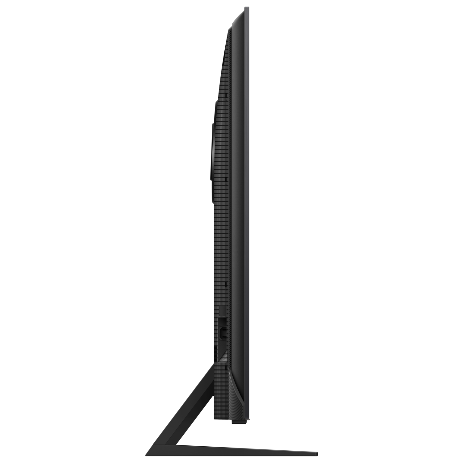 Side view of a black flat-screen TV. It has a stand, and a simple, sleek design.