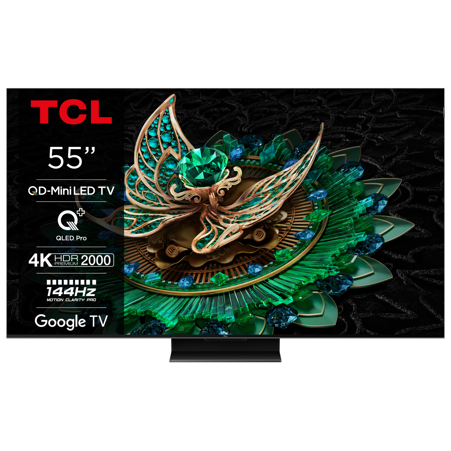 TCL 55 inch tv. QLED Mini LED TV, 4K HDR 2000, Google TV. Display heeft een gouden design.
