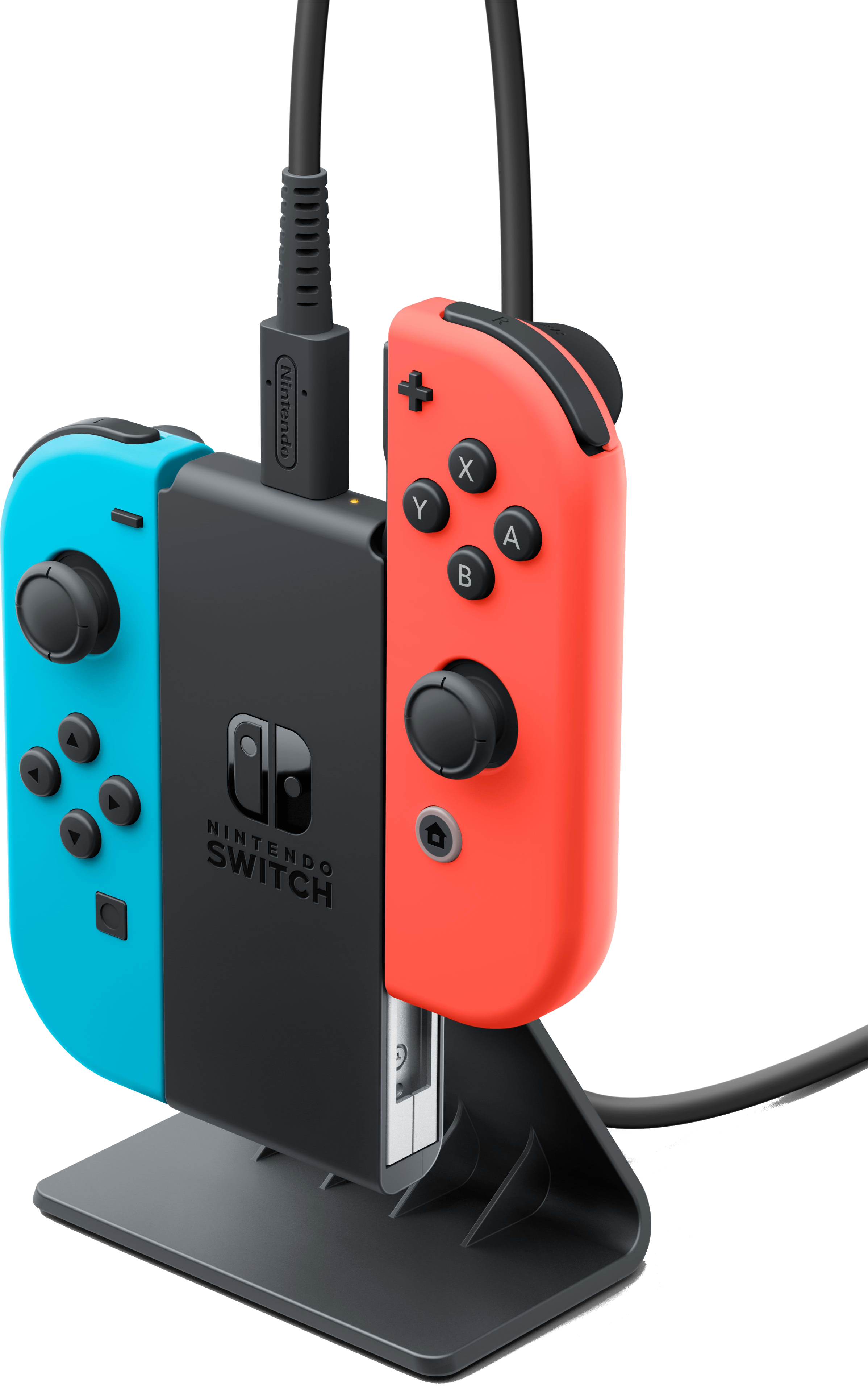 Eine Nintendo Switch-Konsole mit Controllern. Ein blaues und rotes Joy-Con mit schwarzer Basis.