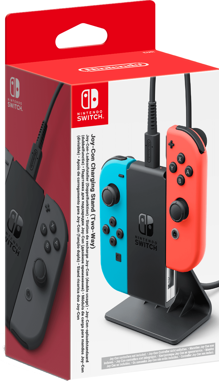 Nintendo Switch Joy-Con Ladestation mit einem blauen und einem roten Joy-Con angebracht.