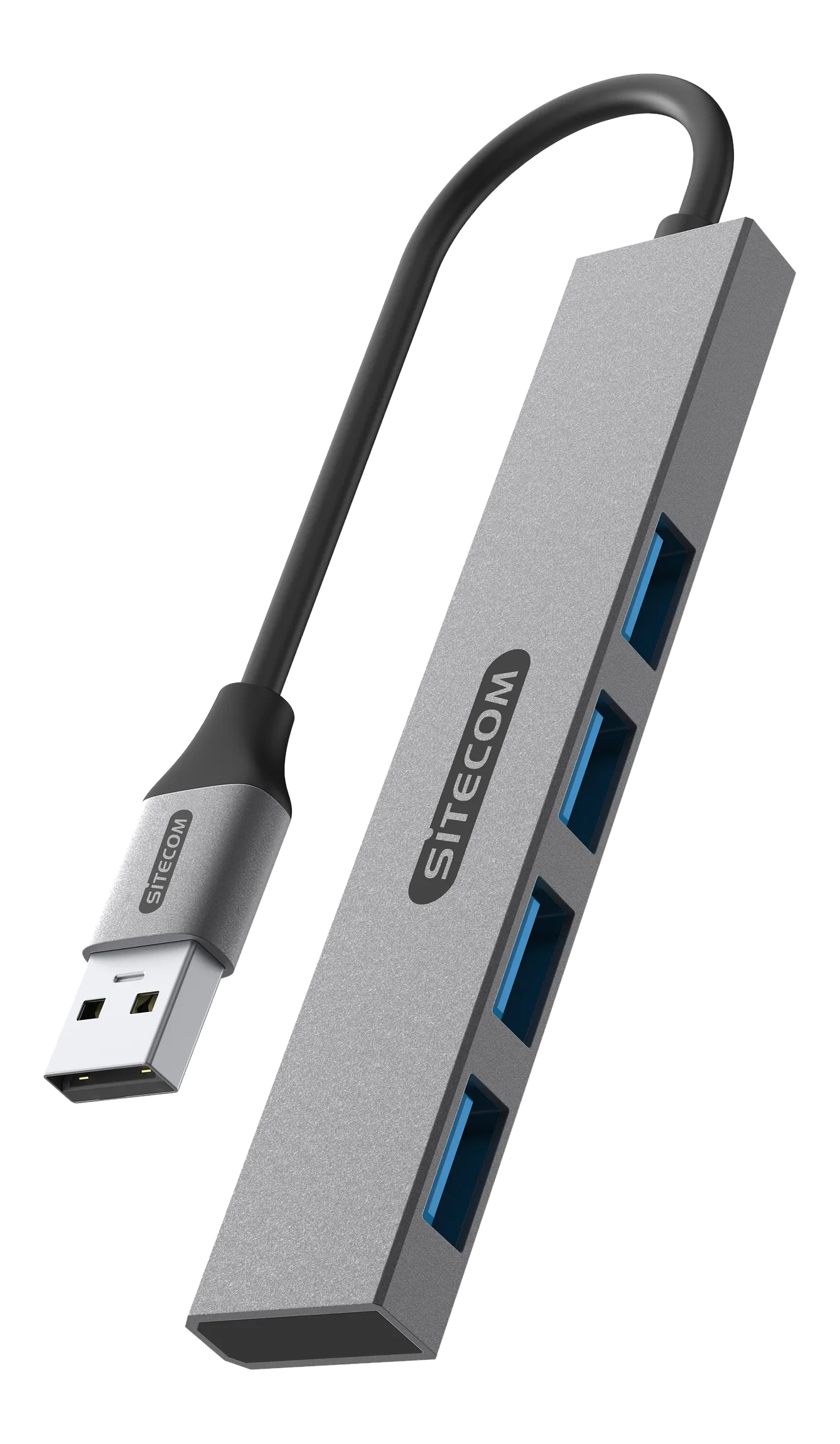 Un hub USB SITECOM argentato con quattro porte USB blu e un cavo USB nero.