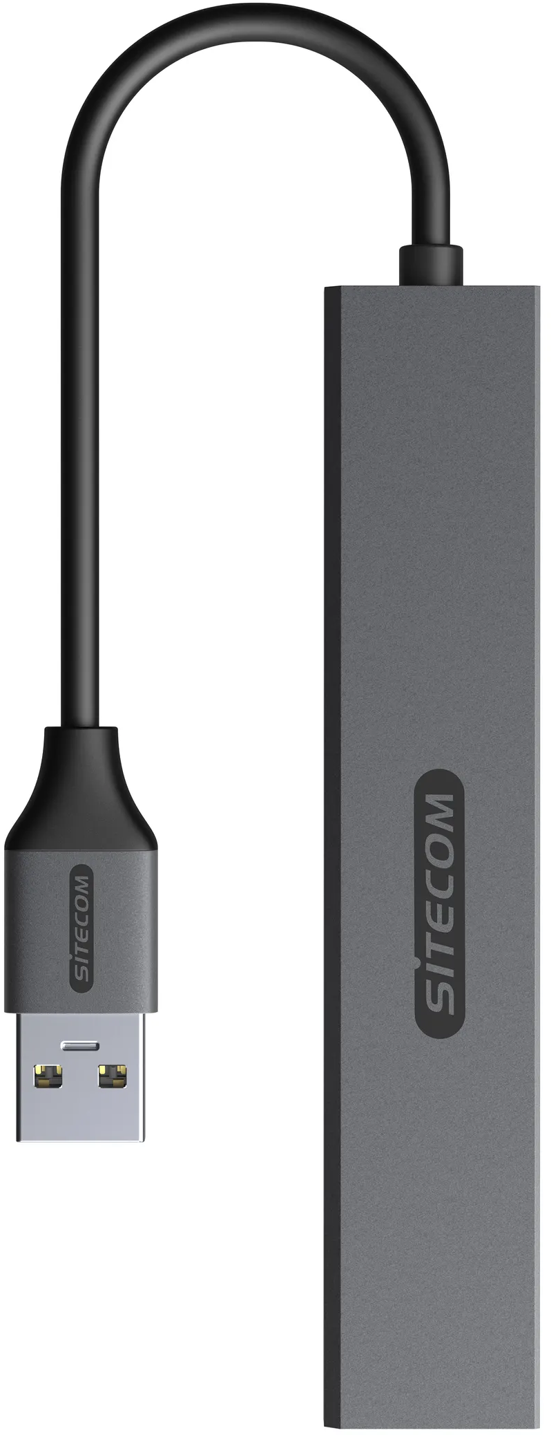 Un dispositivo USB Sitecom grigio con un cavo nero e una connessione USB.